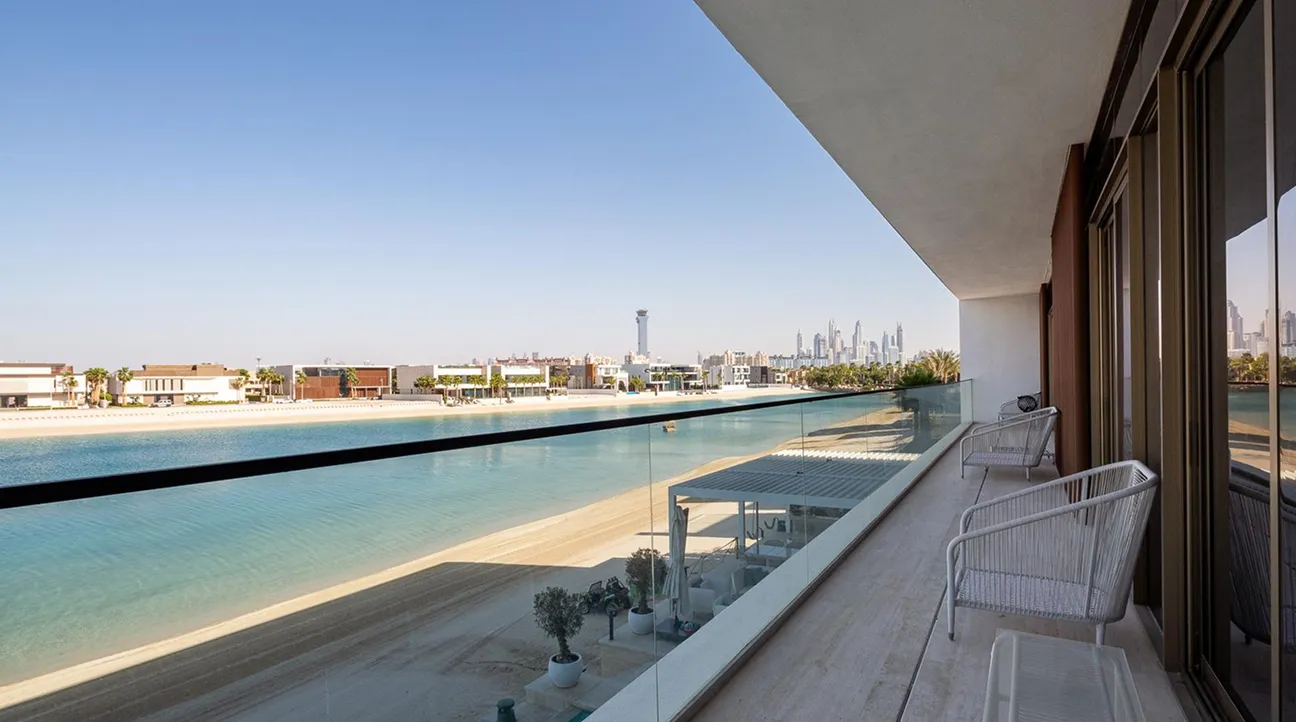 High-end villa terrace with glass railing in Palm Jumeirah.