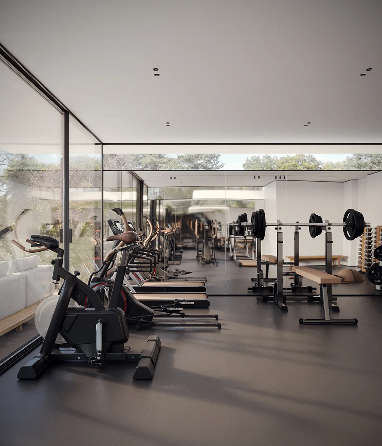 Modern home gym interior design with expansive windows and equipment.