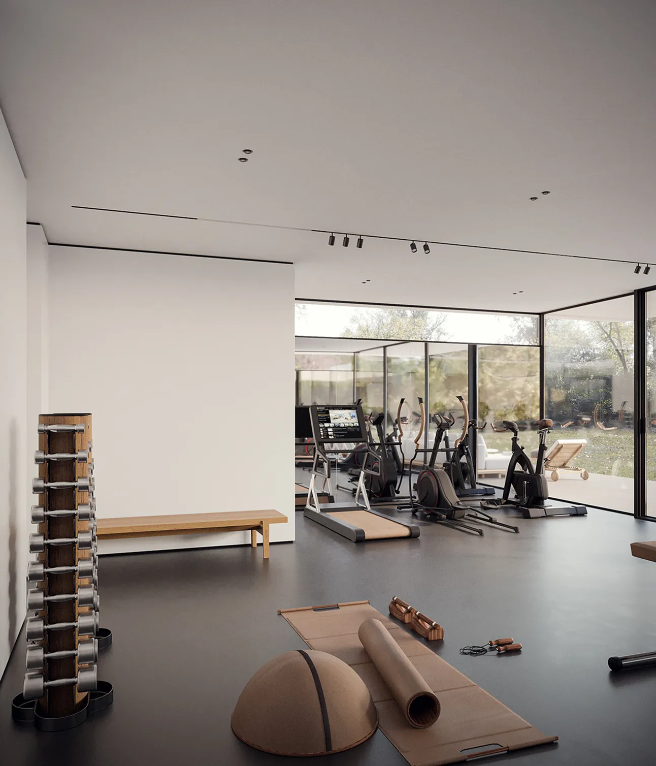 Home gym with minimalist interior design and exercise equipment in a private villa in Cape Town.