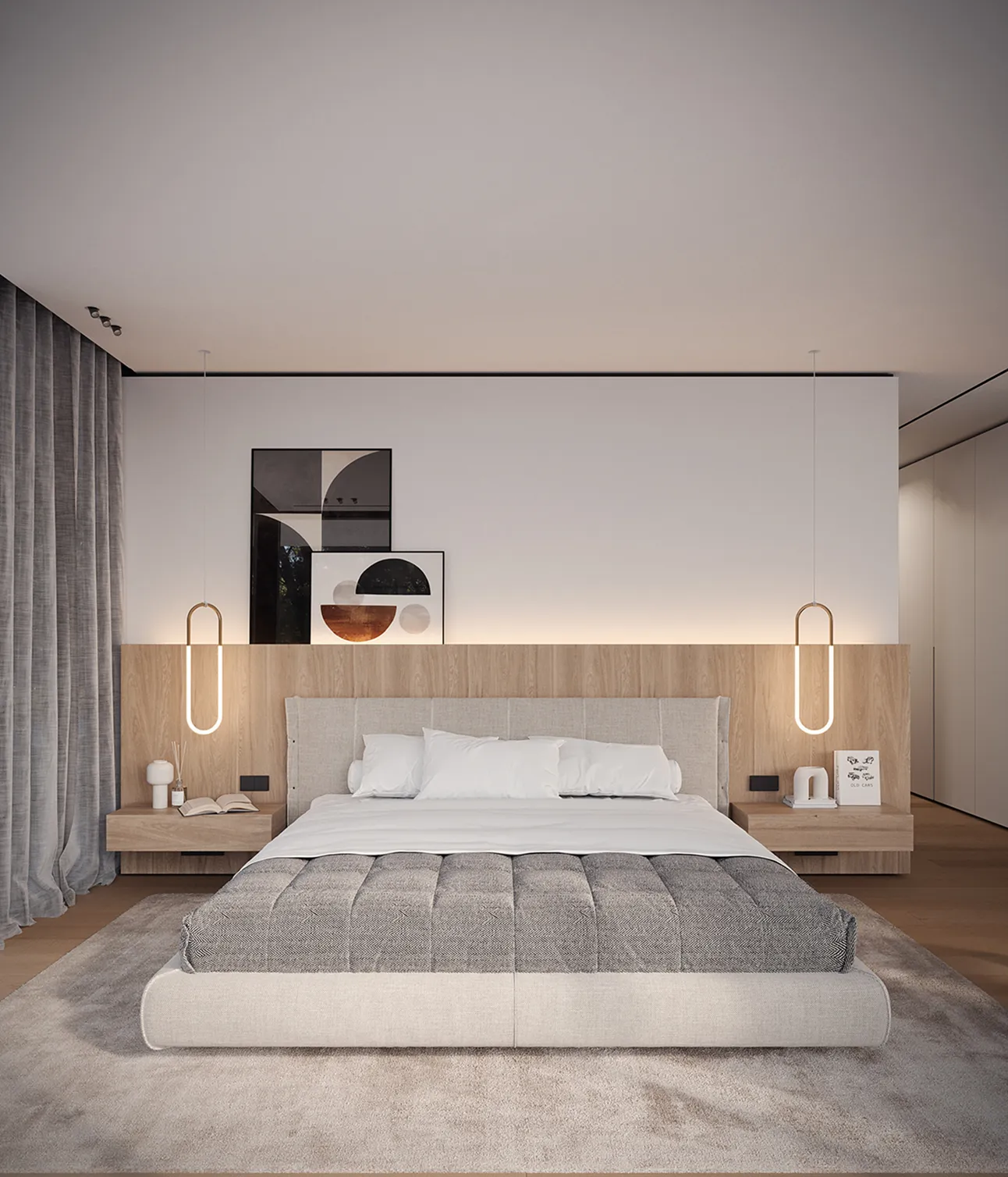 Modern bedroom interior design featuring pendant light and textured accents in Cape Town.