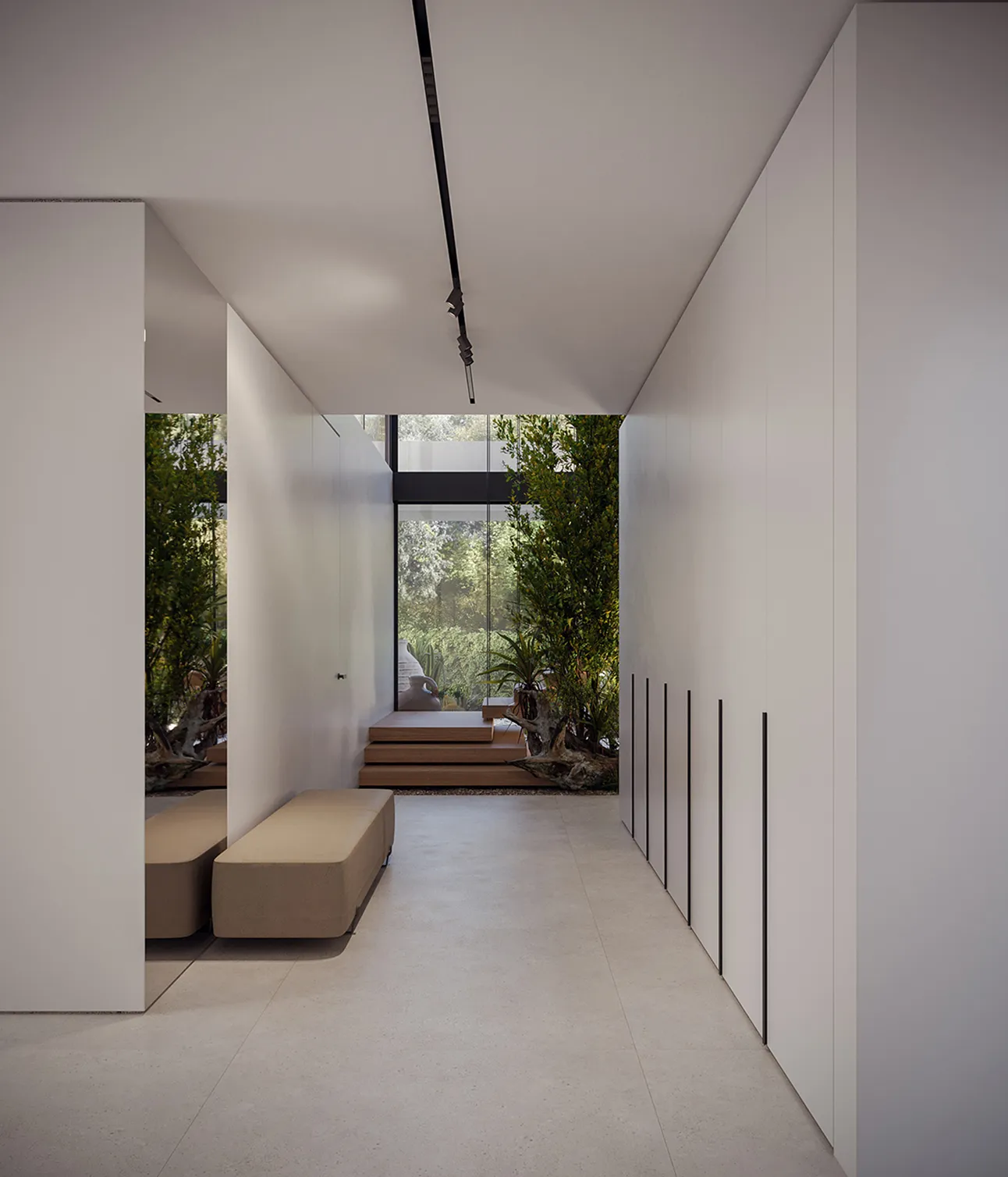 Modern corridor interior design featuring an upholstered bench and floor-to-ceiling windows.