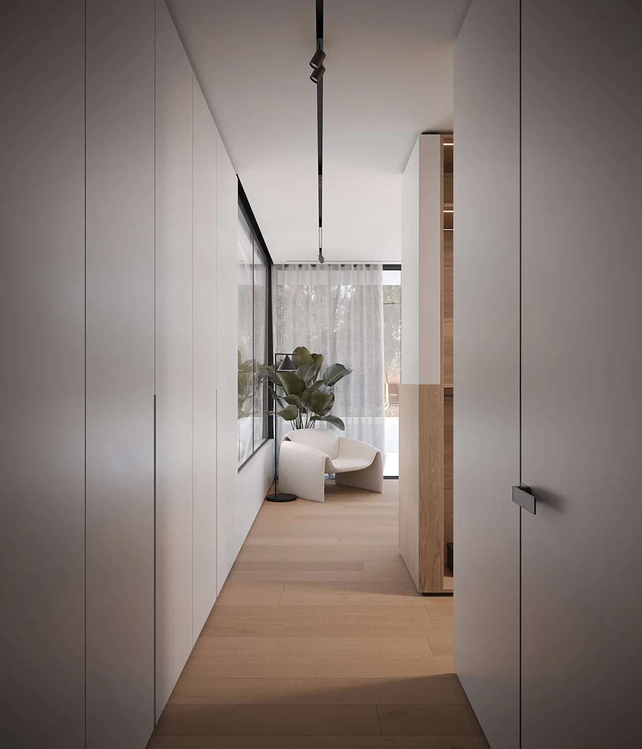 Modern corridor interior design featuring wood floors and floor-to-ceiling windows.