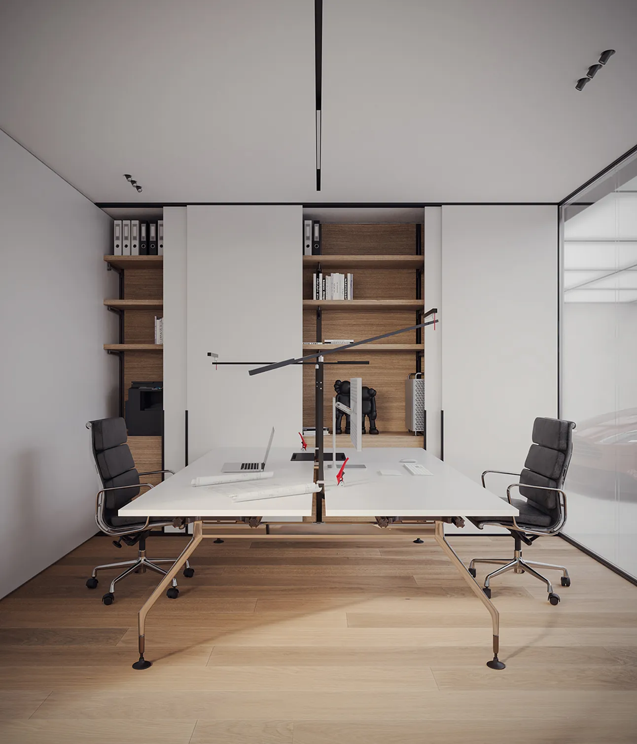 Modern office interior design with white desks and shelving in a luxury villa in Cape Town.