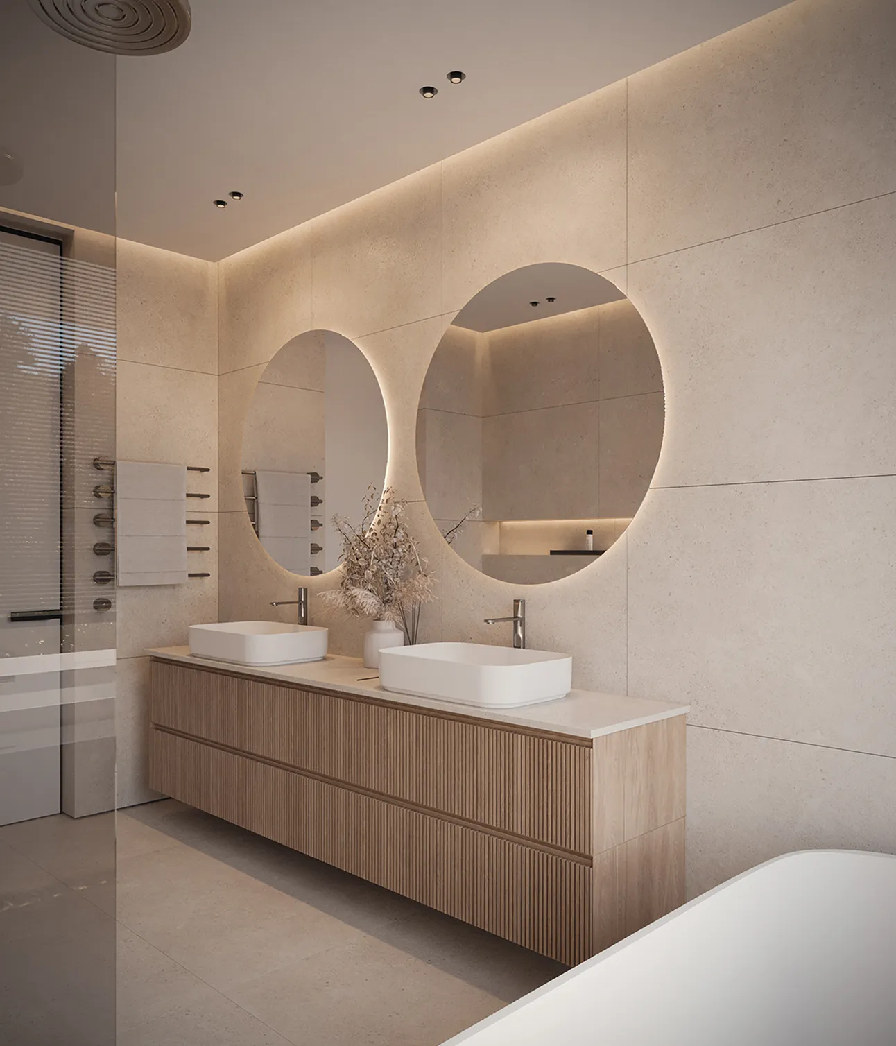 Luxury bathroom interior design featuring wood accents and backlit mirrors.