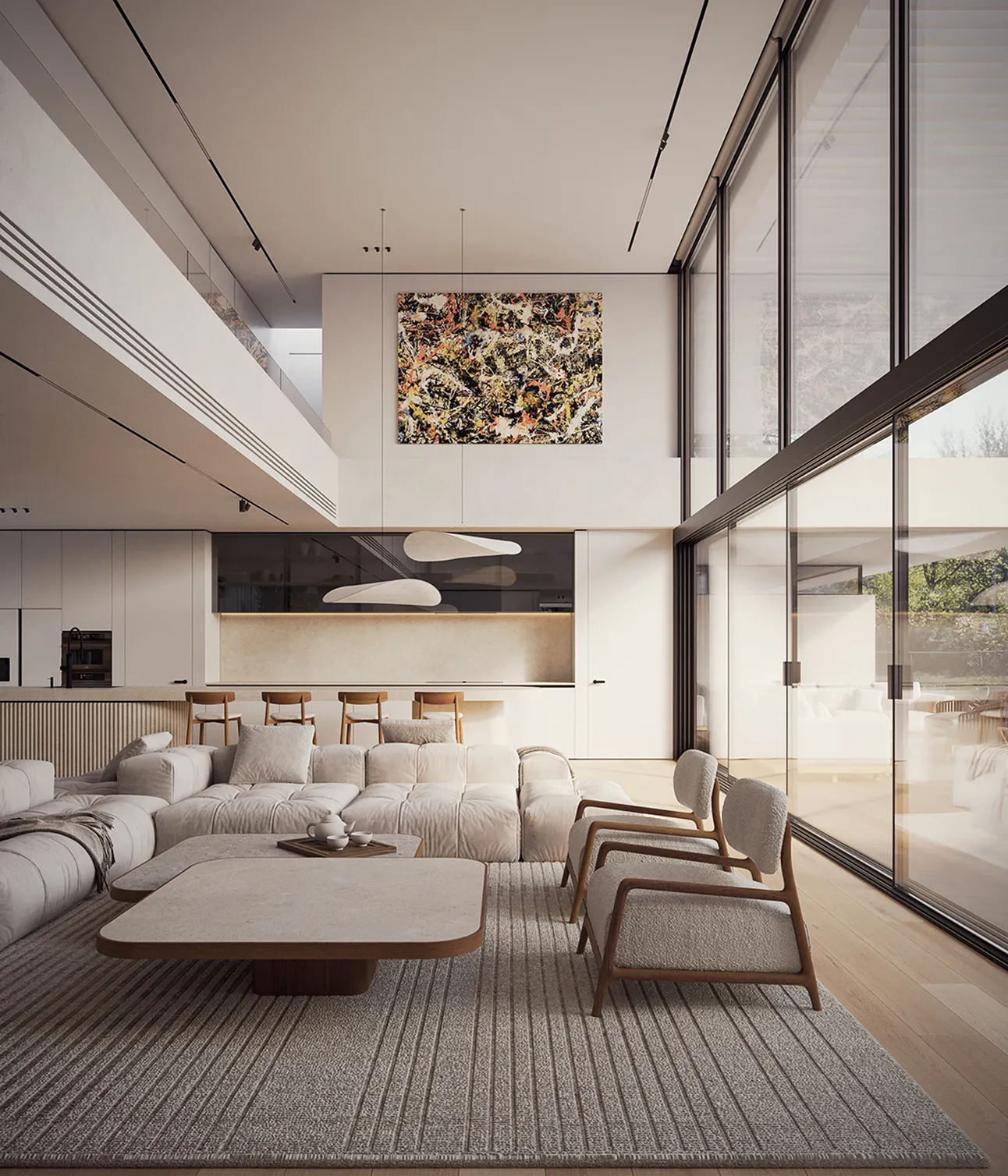 Modern dining area interior design with a wooden table and floating stairs.