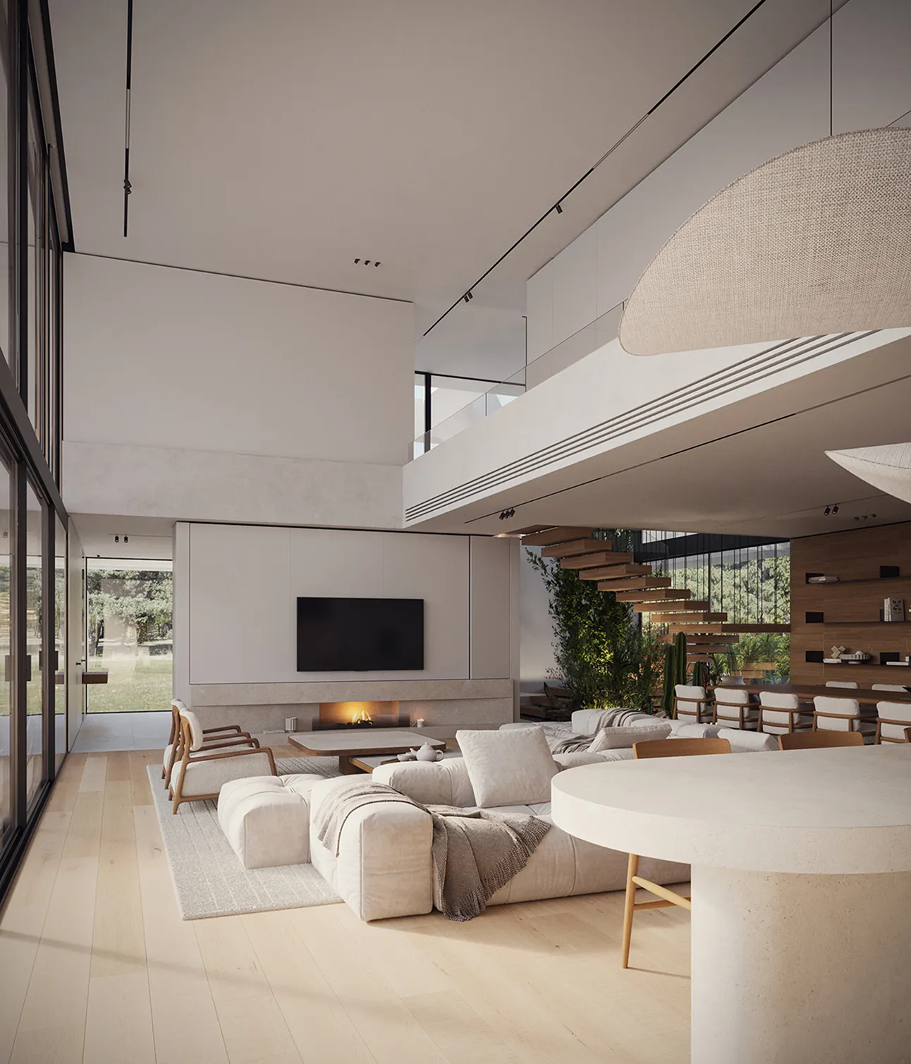 Spacious modern living room interior with modular sofas and a fireplace in a private villa in South Africa.