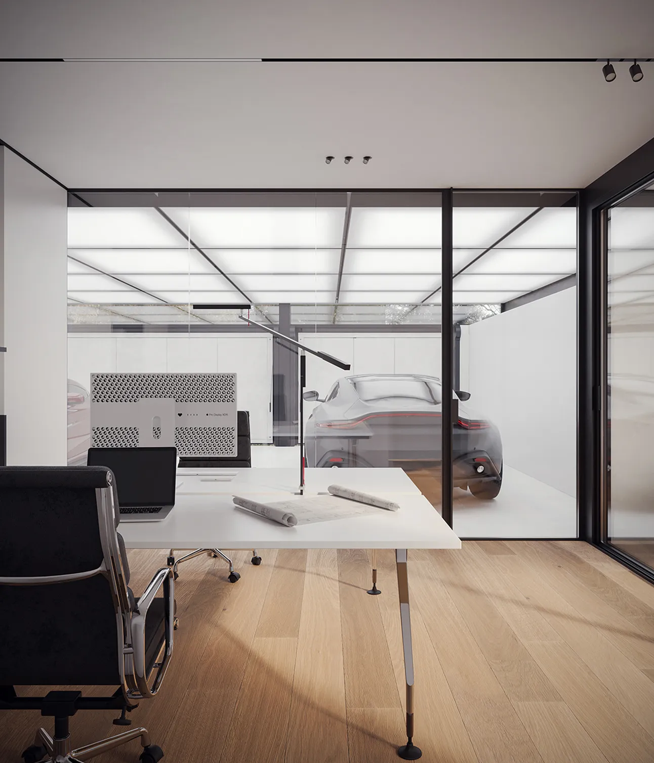 Modern office interior design with tech setup and floor-to-ceiling glass in Cape Town.