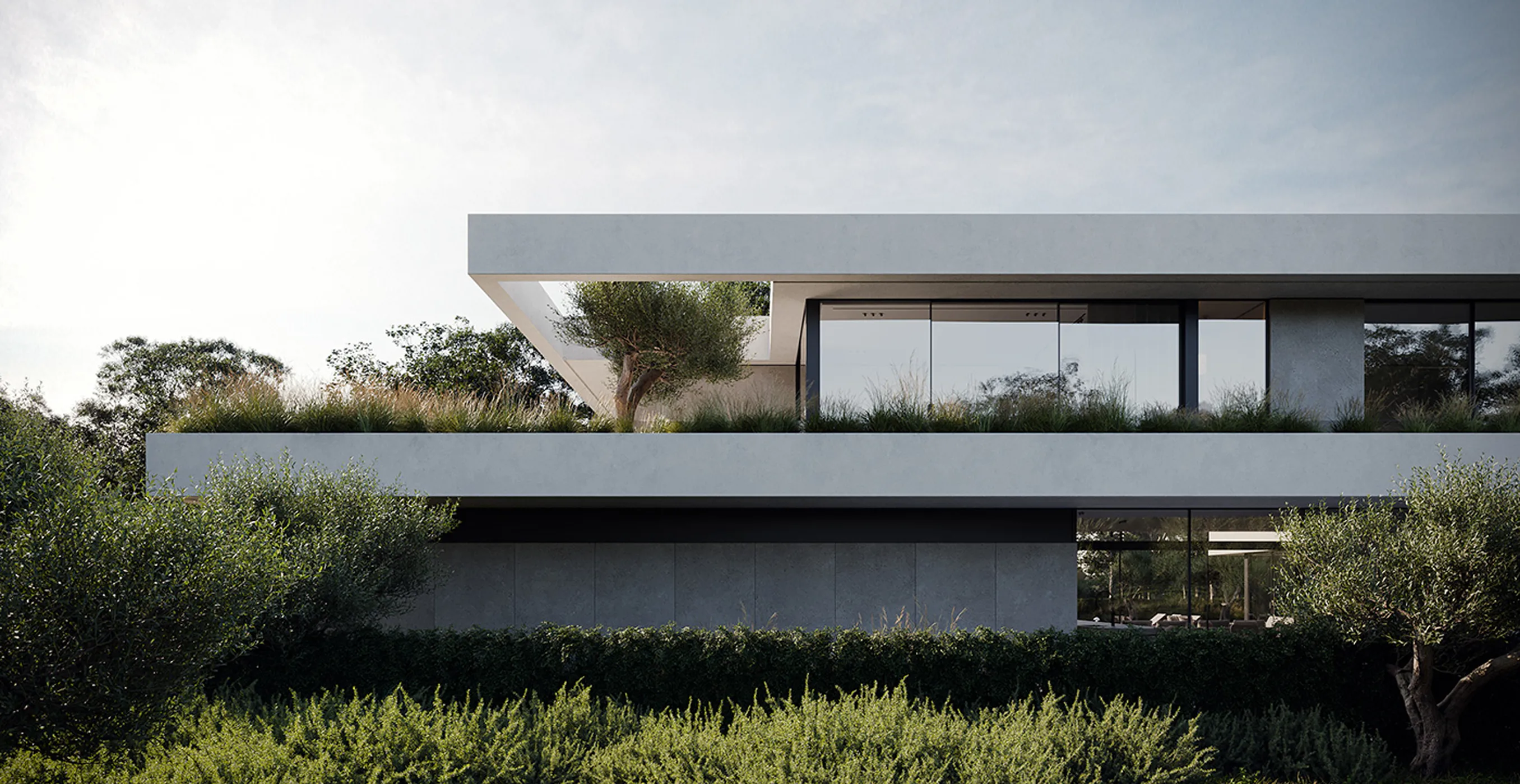 Contemporary villa interior design in South Africa with expansive windows and landscaped surroundings.