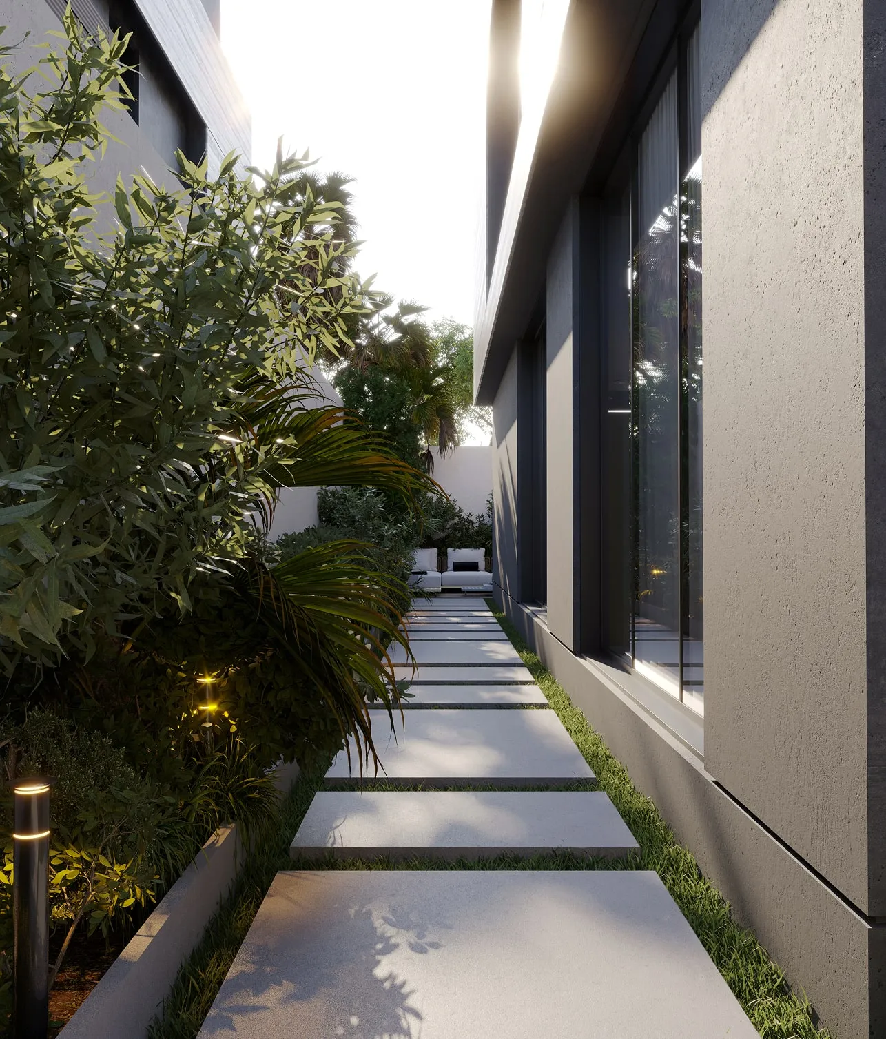 Modern garden path with custom landscape design in a private guest villa.