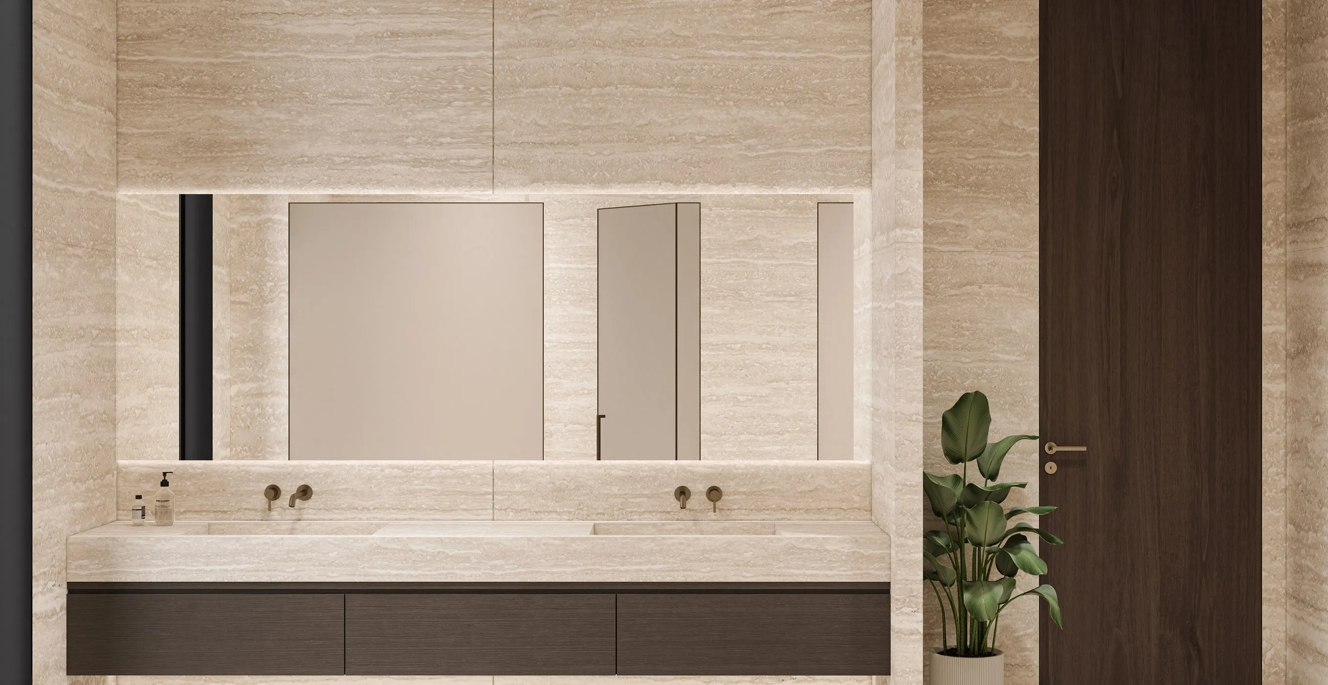 Minimalist bathroom design with modern vanity and integrated sinks in Riyadh.