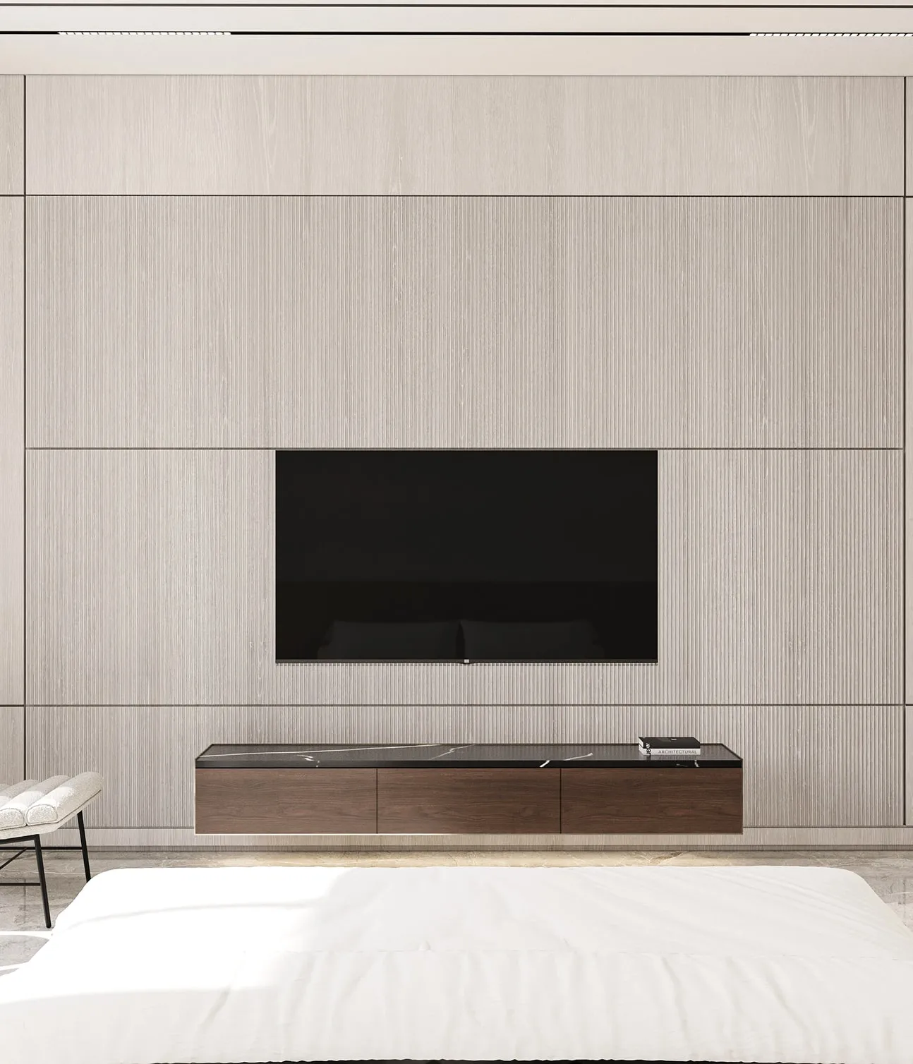Modern bedroom interior design featuring bespoke joinery in Riyadh.