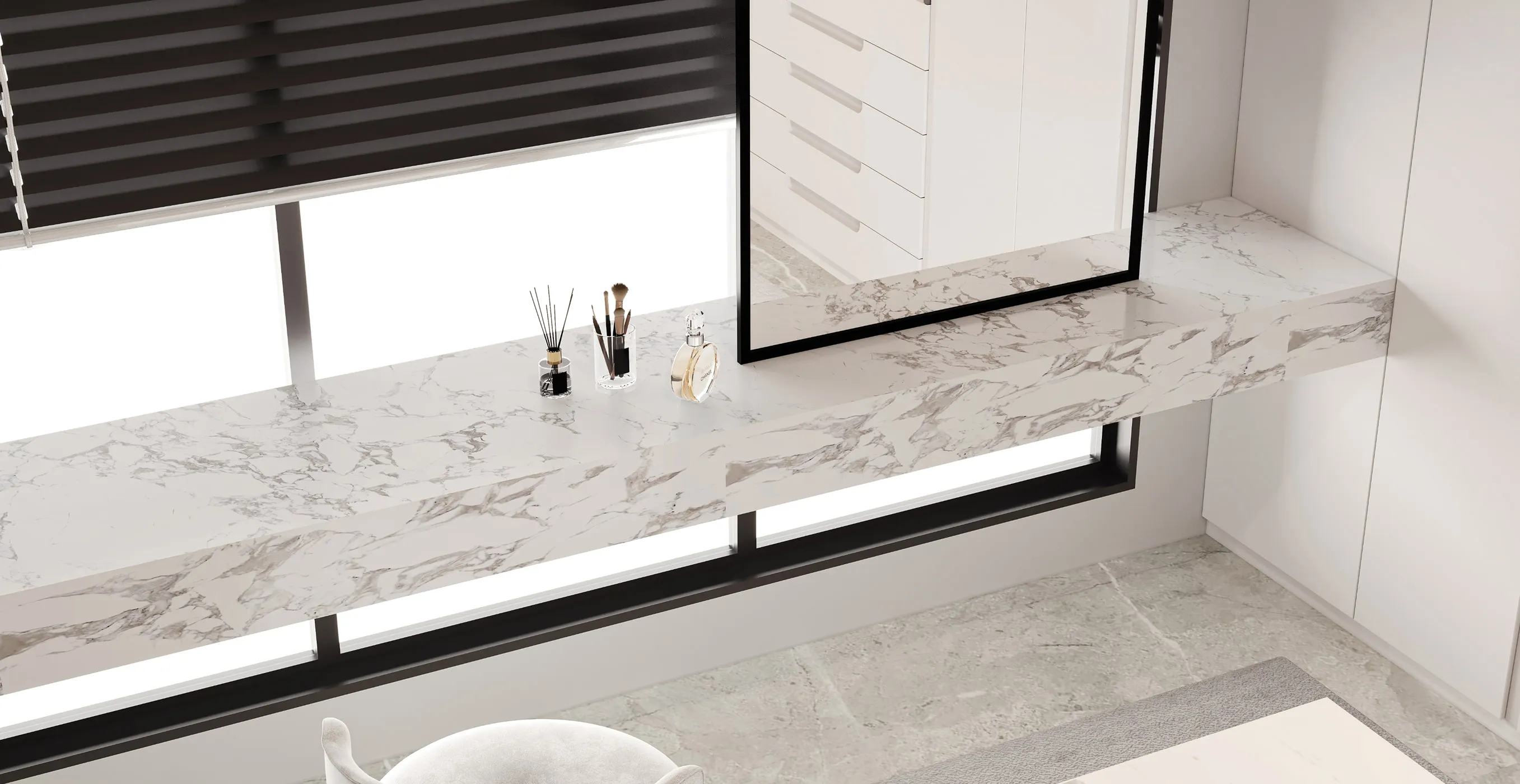 Modern vanity design featuring a marble countertop by Rayfitout in Riyadh.