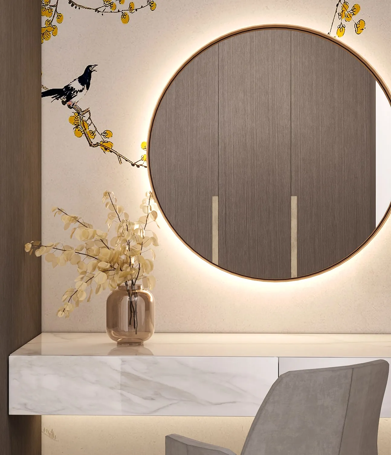 Luxury vanity design featuring a backlit mirror and modern decor in a private villa in Riyadh.