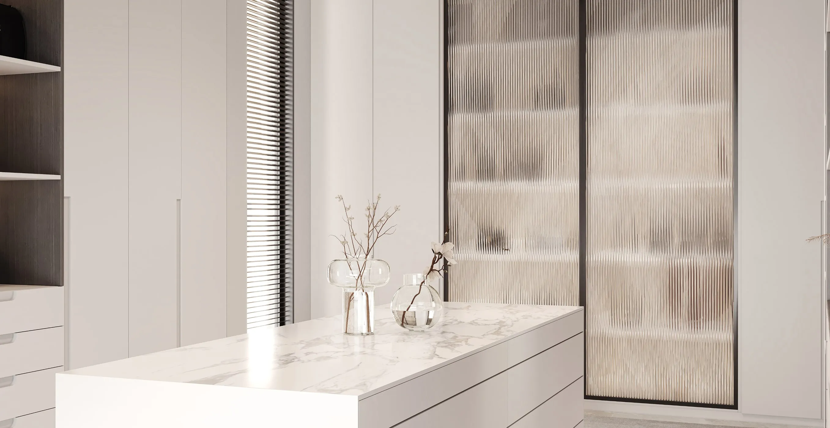 Custom-made walk-in closet with a marble closet island in a private villa.