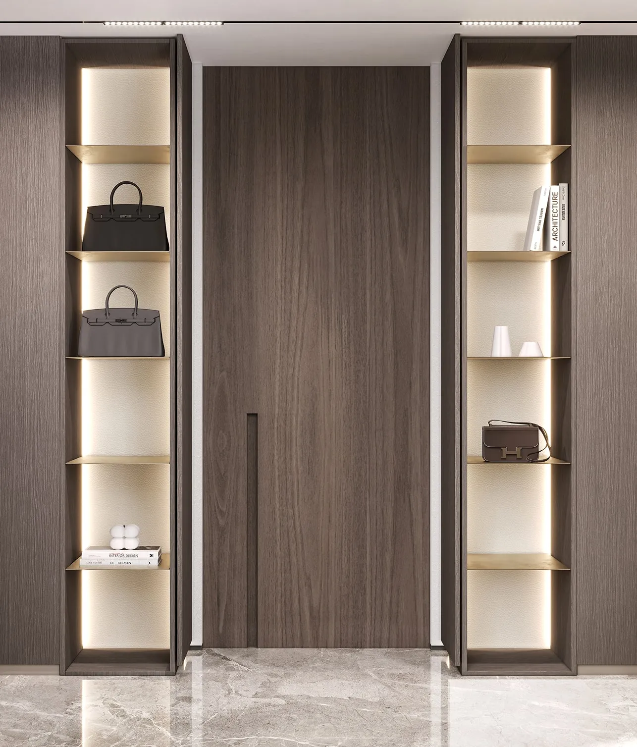 Contemporary interior design featuring a concealed door and illuminated display shelves in a private villa in Riyadh.