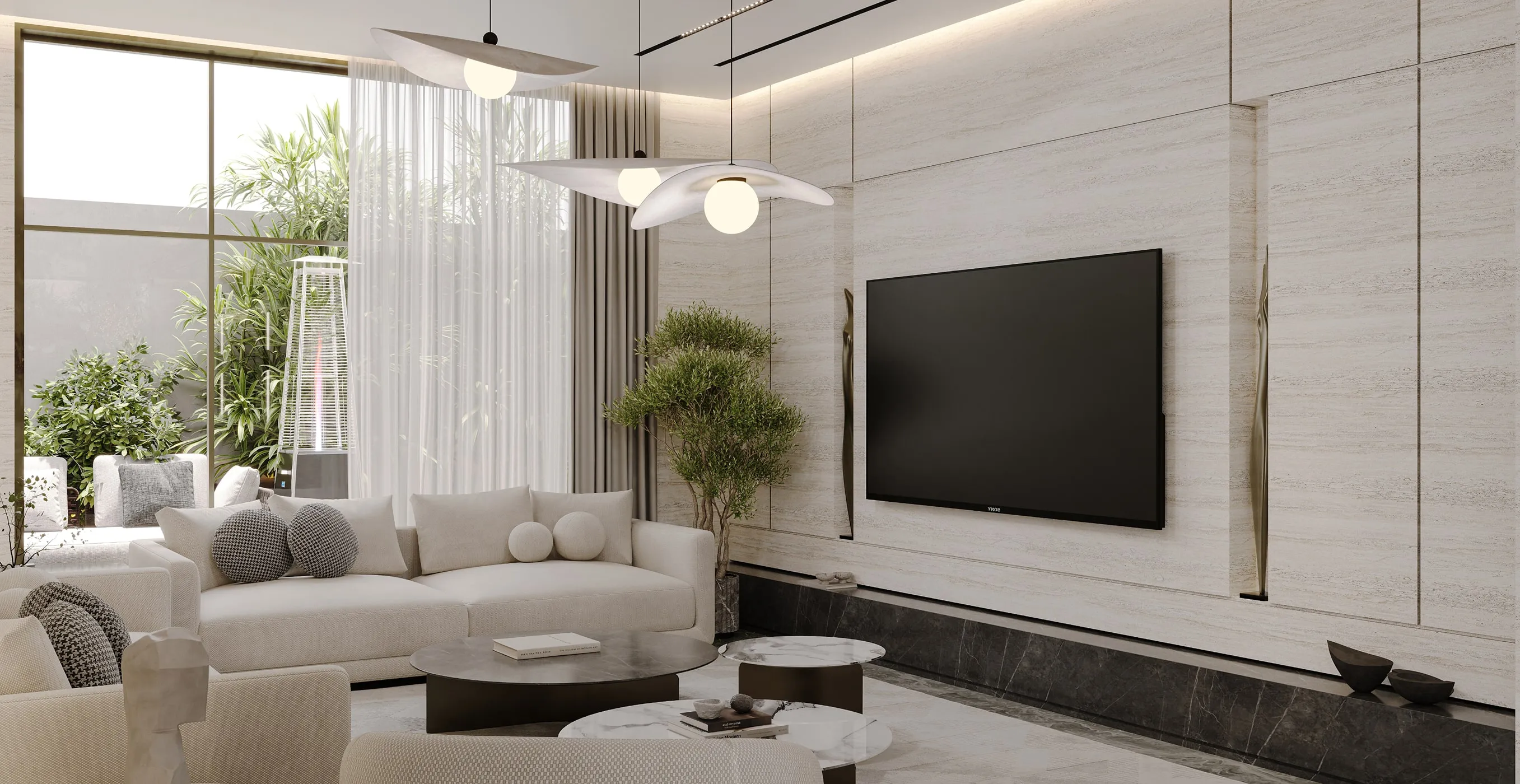 Luxury villa living room interior design in Riyadh with modern furnishings and expansive windows.
