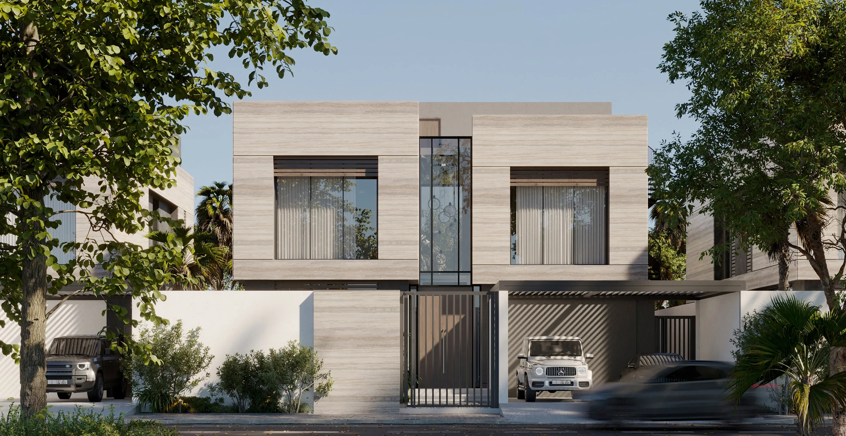 Luxury villa with stone cladding and modern architecture designed by Rayfitout in Riyadh.