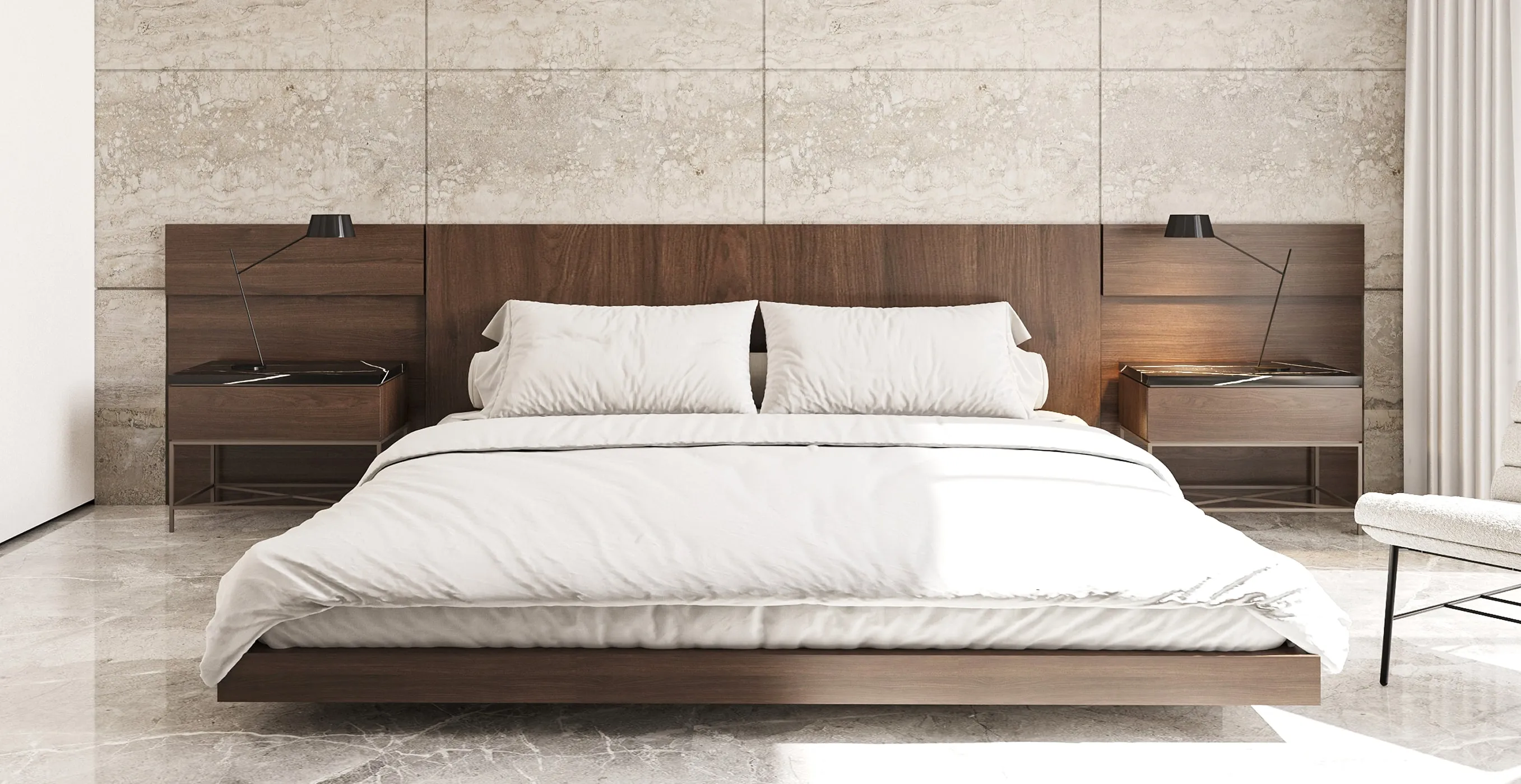 Luxury bedroom interior featuring dark wood headboard and stone accent wall.