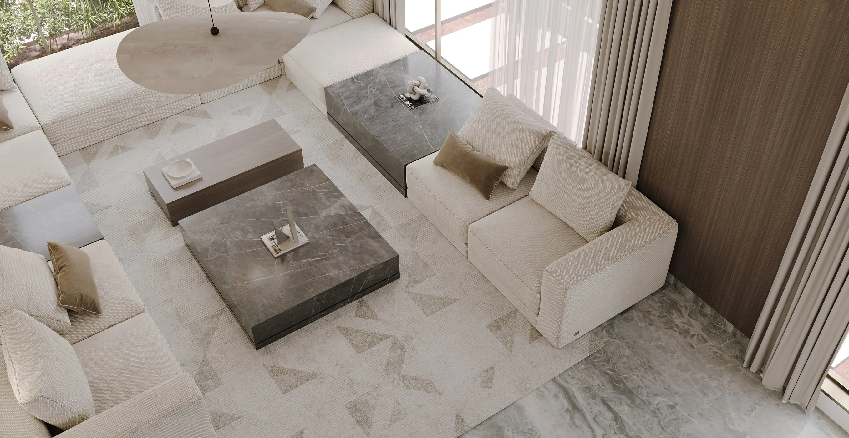 Contemporary villa living room interior design featuring marble tables and modular sofas.