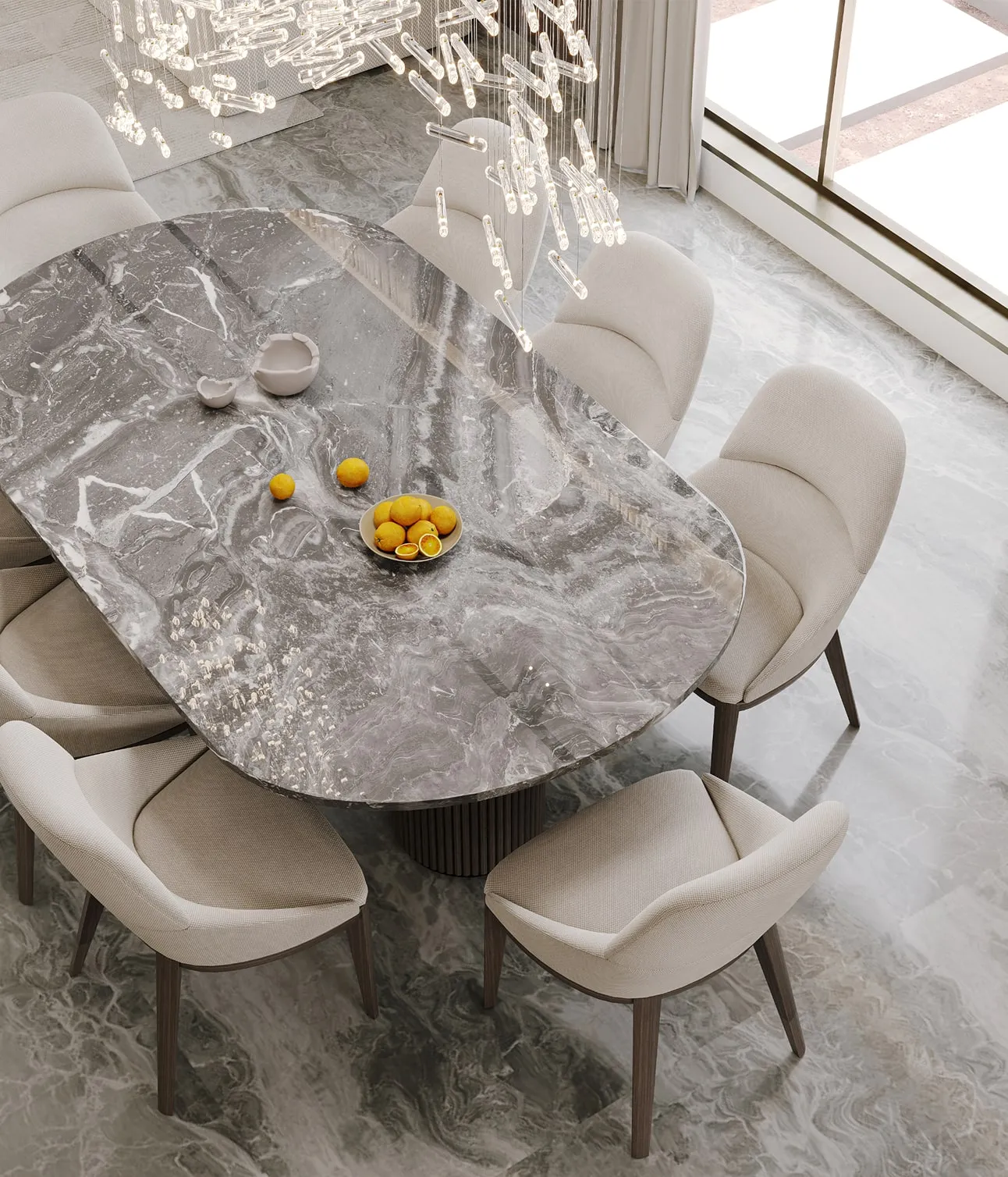 Dining area interior design featuring a bespoke marble dining table.