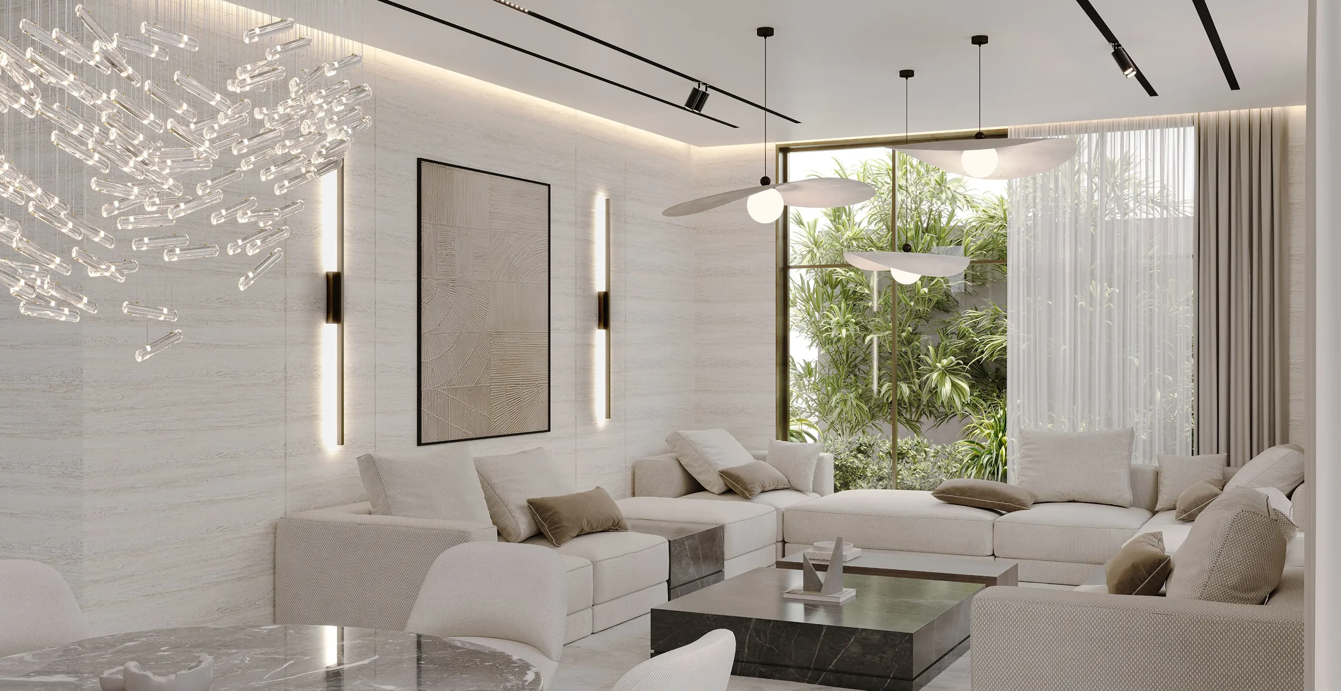 Modern villa living room interior design with a glass chandelier and floor-to-ceiling windows.
