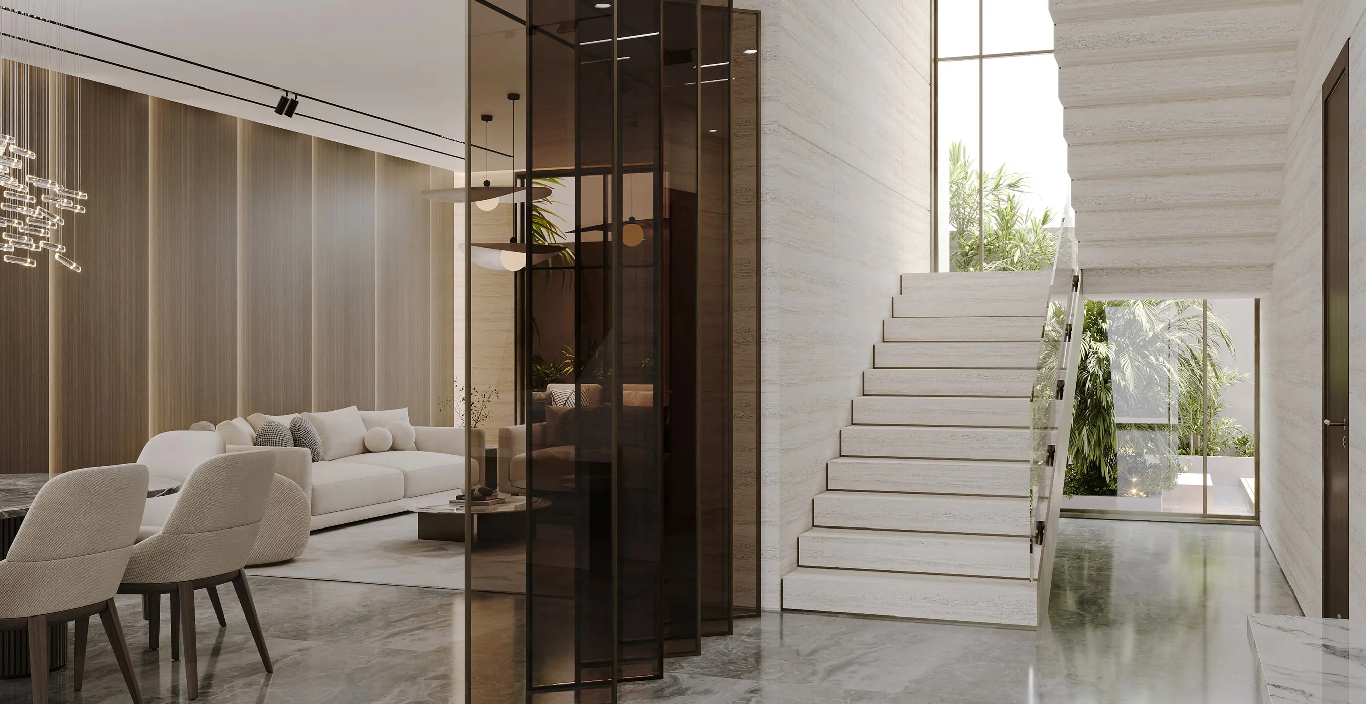 Modern open-plan interior design with glass staircase and expansive windows in Riyadh.