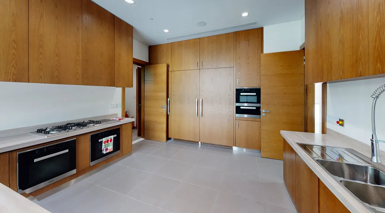 Contemporary kitchen interior fit-out with wood cabinetry and built-in ovens.