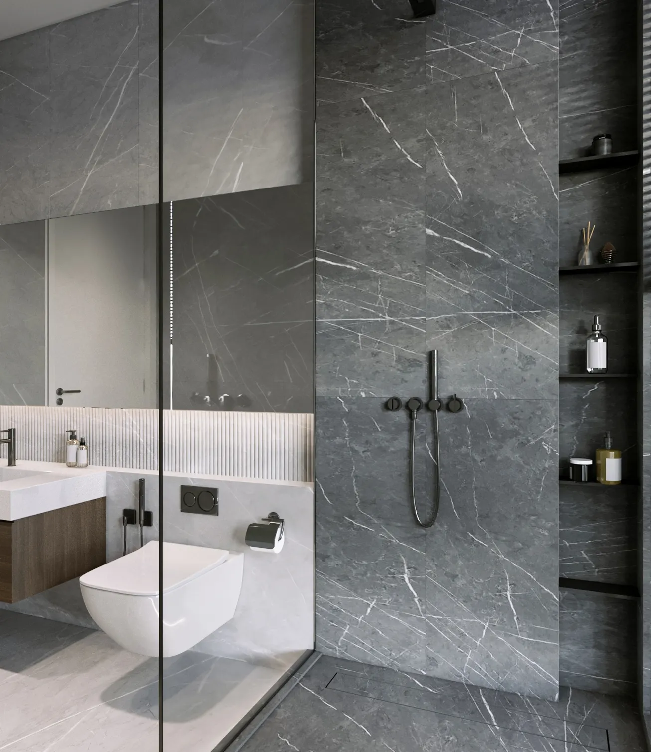 Modern bathroom interior fit-out featuring a floating vanity in a private villa.