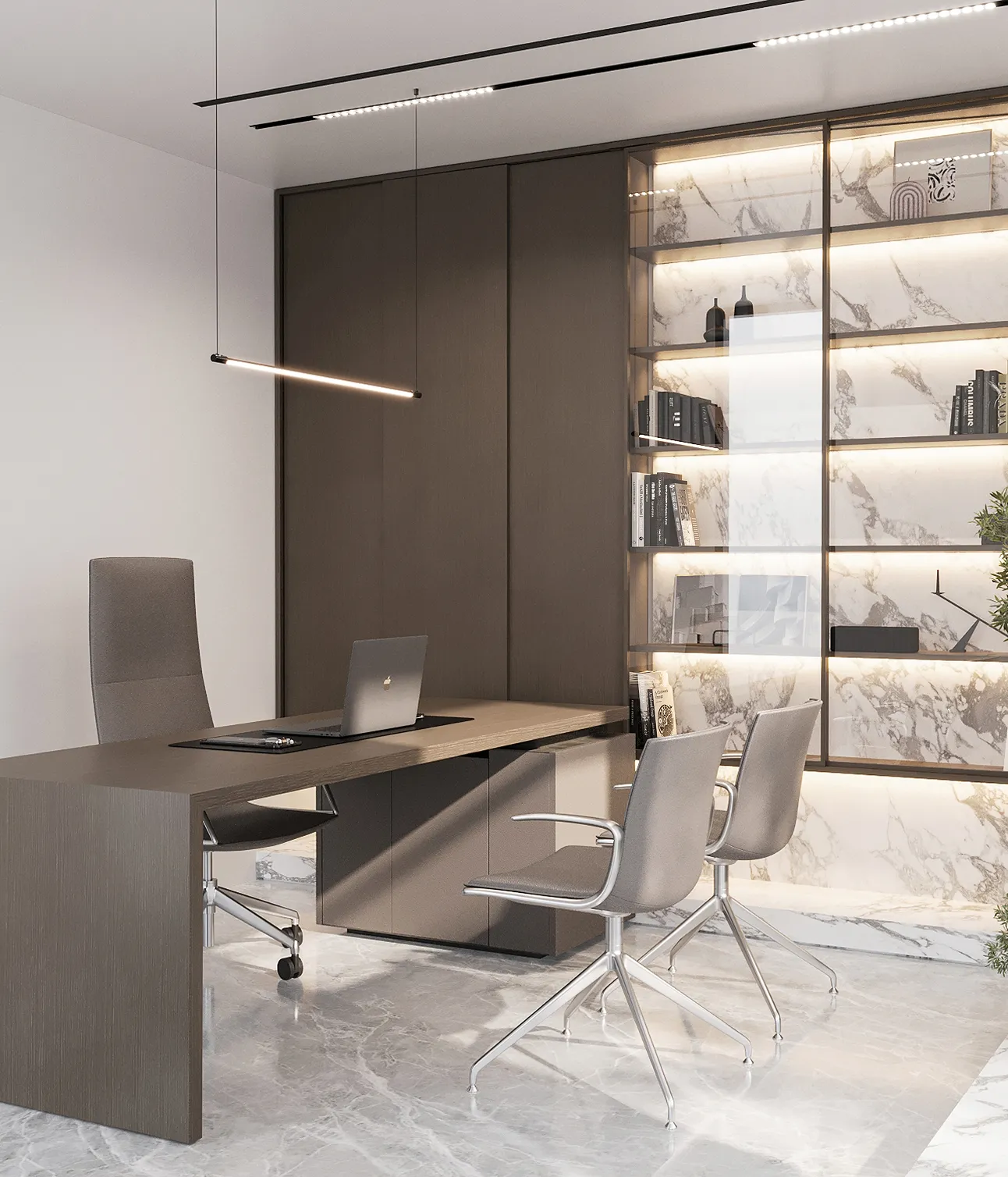 Modern office interior fit-out with executive desk, dark wood paneling, and marble finishes.