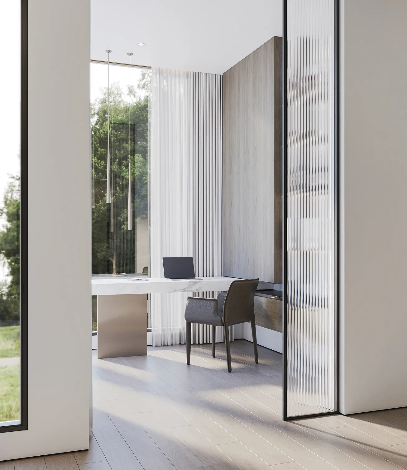 Minimalist workspace interior fit-out featuring a laptop desk and paneled walls with expansive windows.