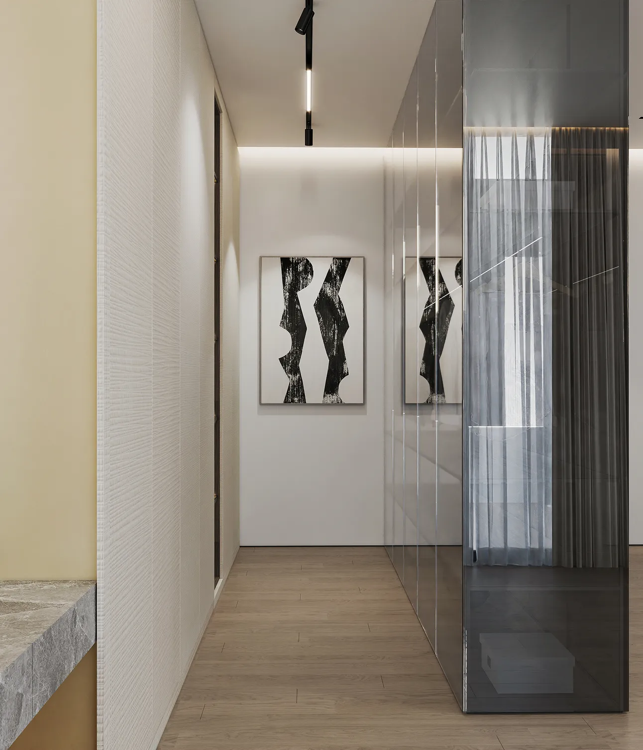 Modern villa hallway interior fit-out with light wood flooring in Kampala.