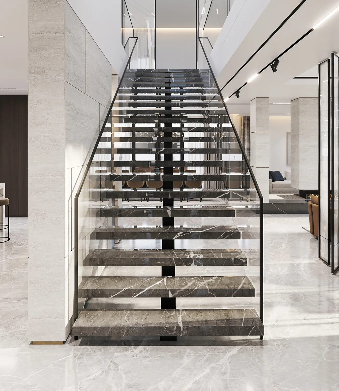 Modern villa interior fit-out with marble staircase and glass railings.