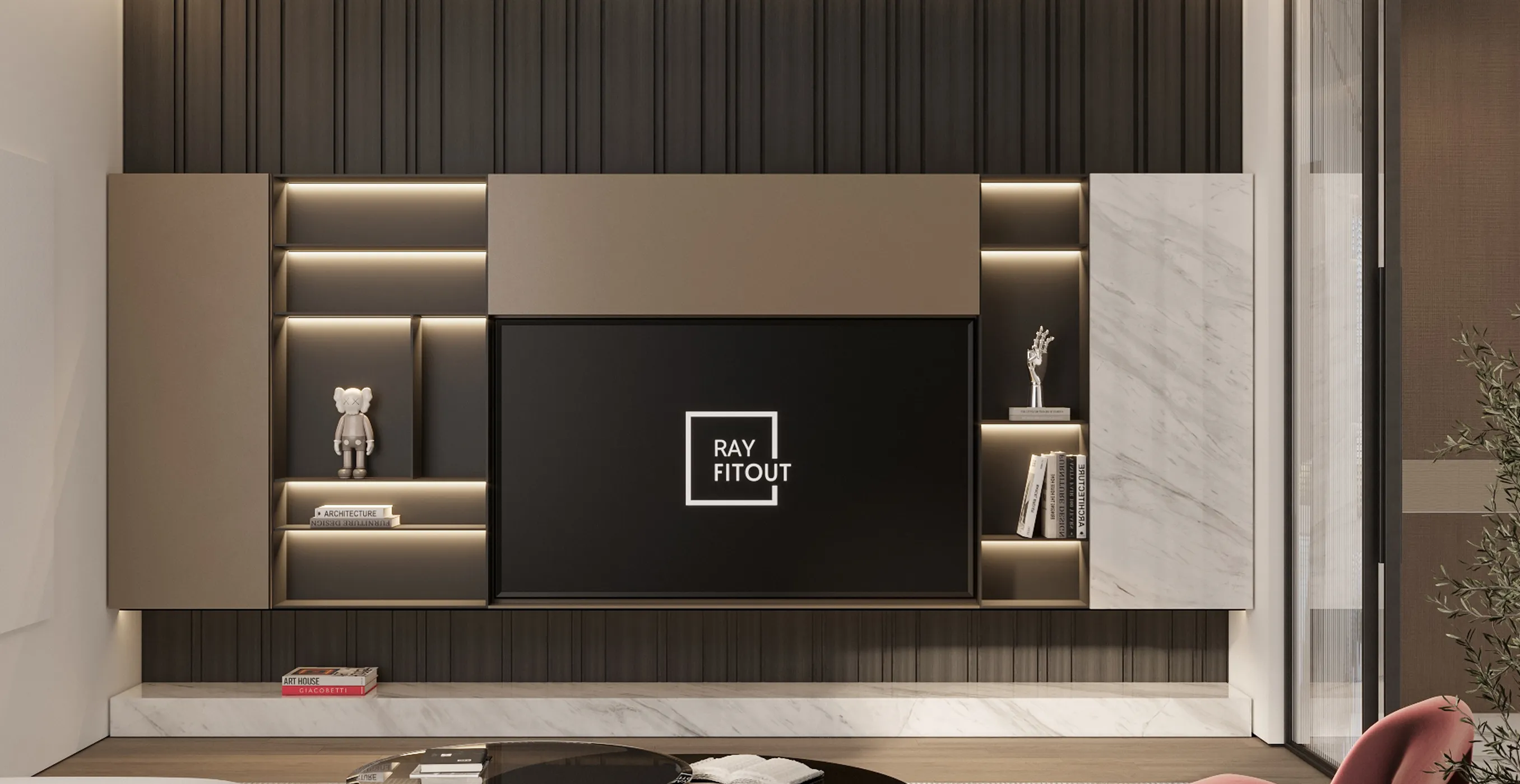 Contemporary villa living room interior fit-out featuring bespoke joinery in Kampala.