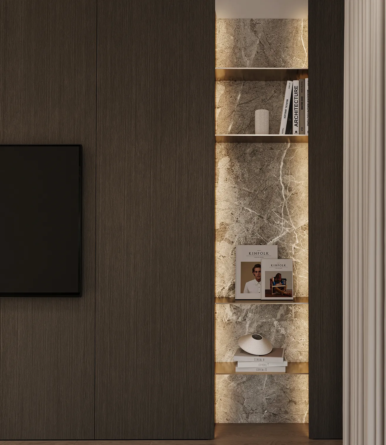 Private villa bedroom interior fit-out featuring a concealed door and a marble table.