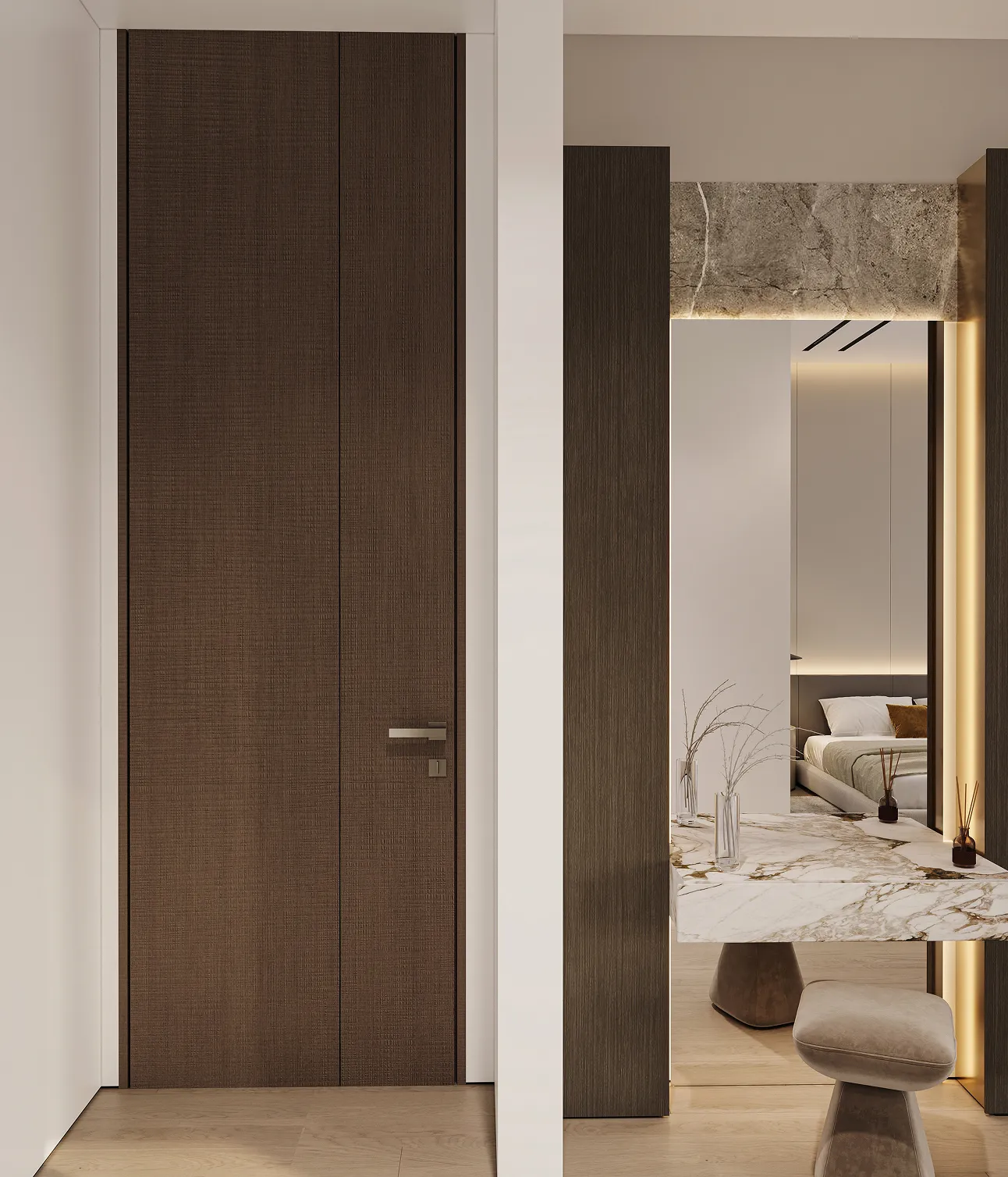 Private villa bedroom interior fit-out featuring a concealed door and a marble table.