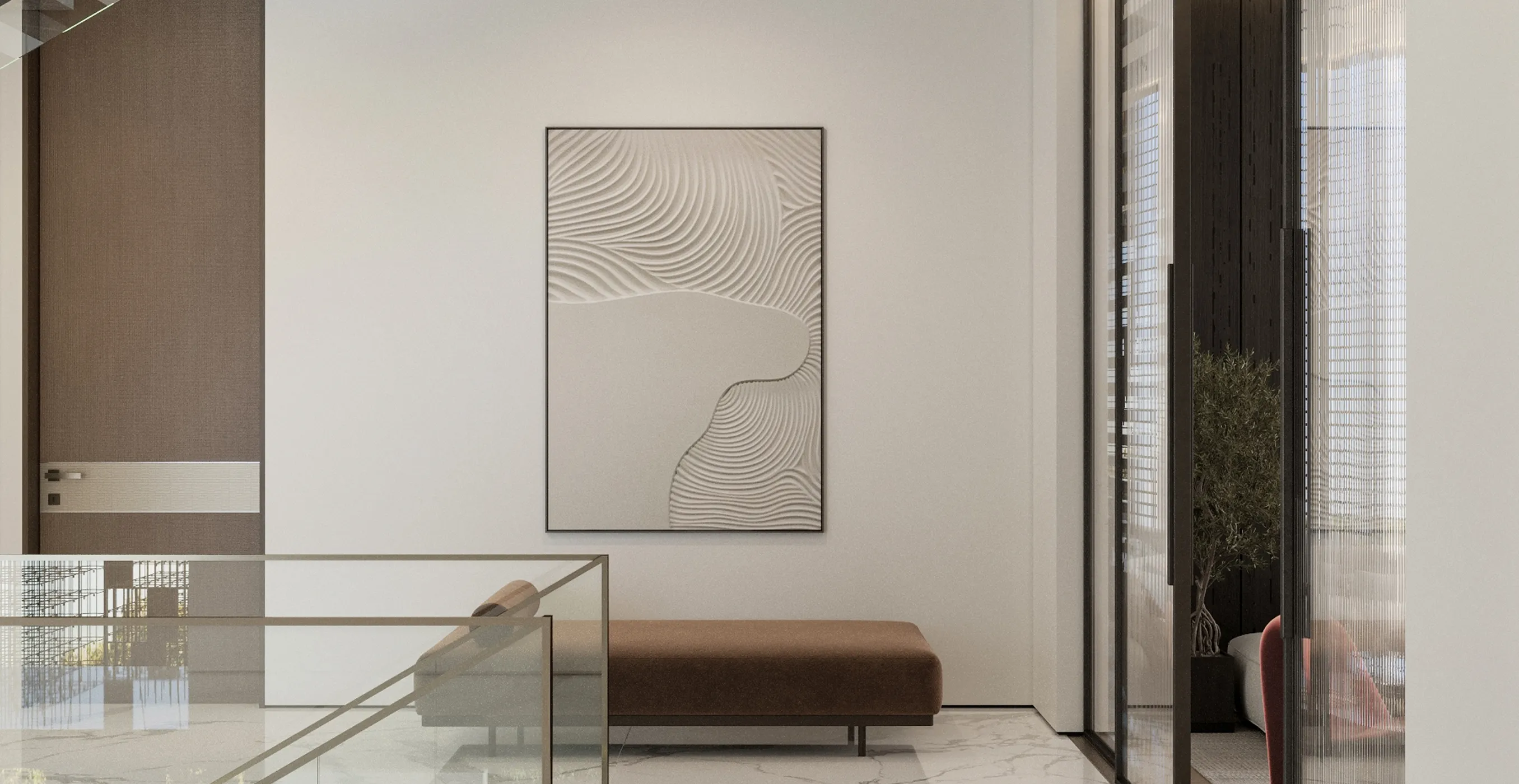 Modern interior fit-out featuring textured brown wall and glass staircase railing.