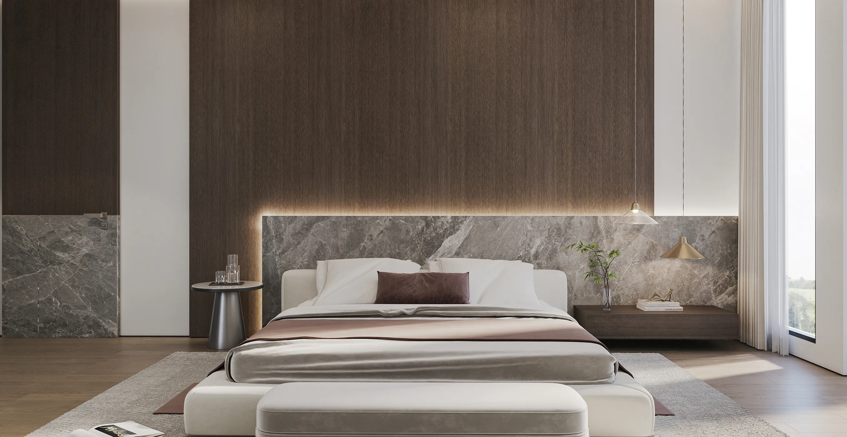 Luxury bedroom interior fit-out featuring a white upholstered bed, marble headboard, and wood-paneled walls.