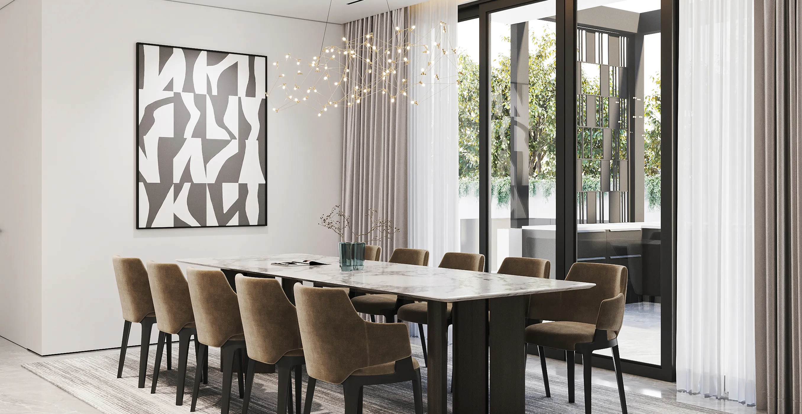 Modern dining room with a marble dining table and minimalist decor in Kampala.