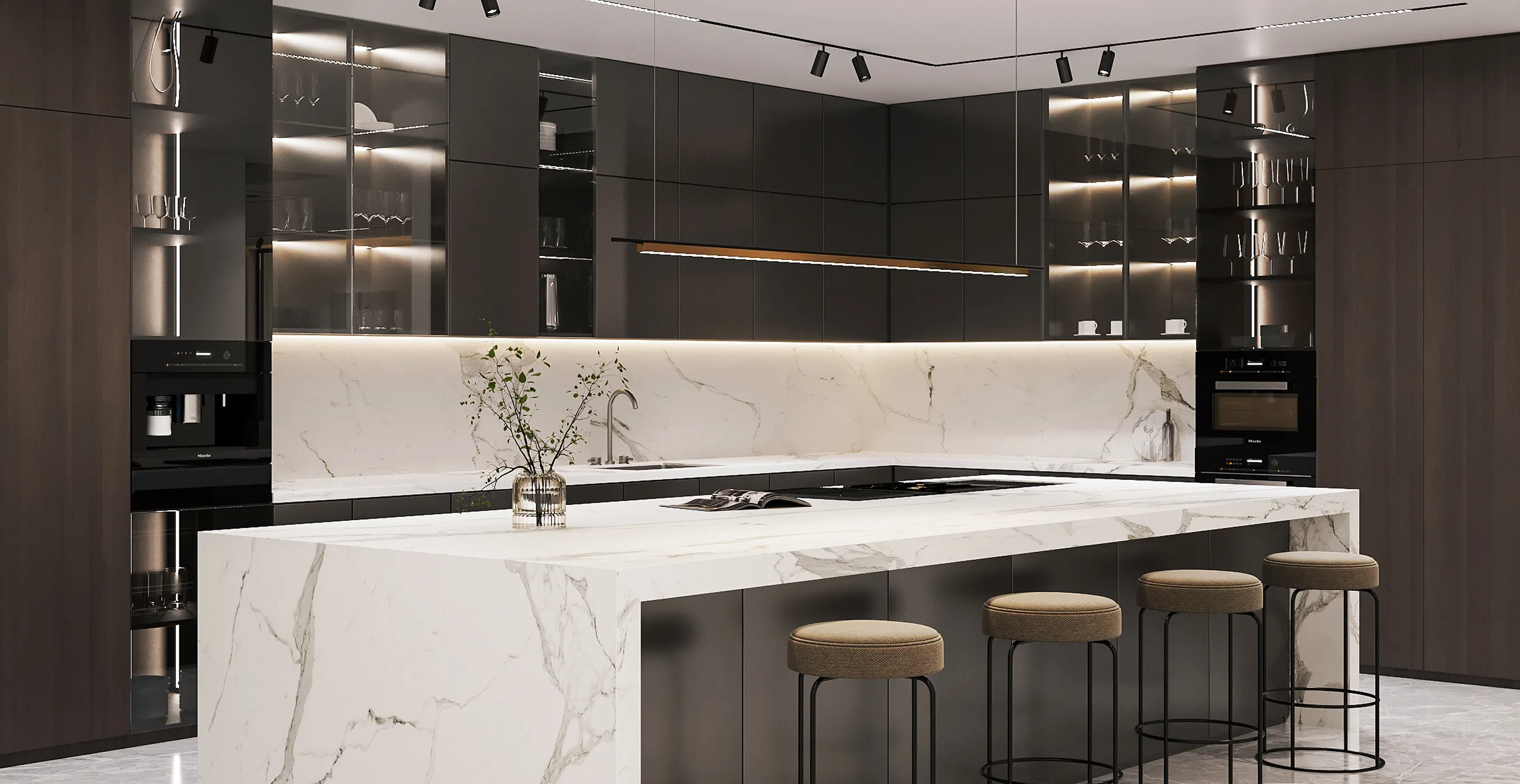 Modern kitchen interior fit-out with cabinets, marble island, and integrated appliances.