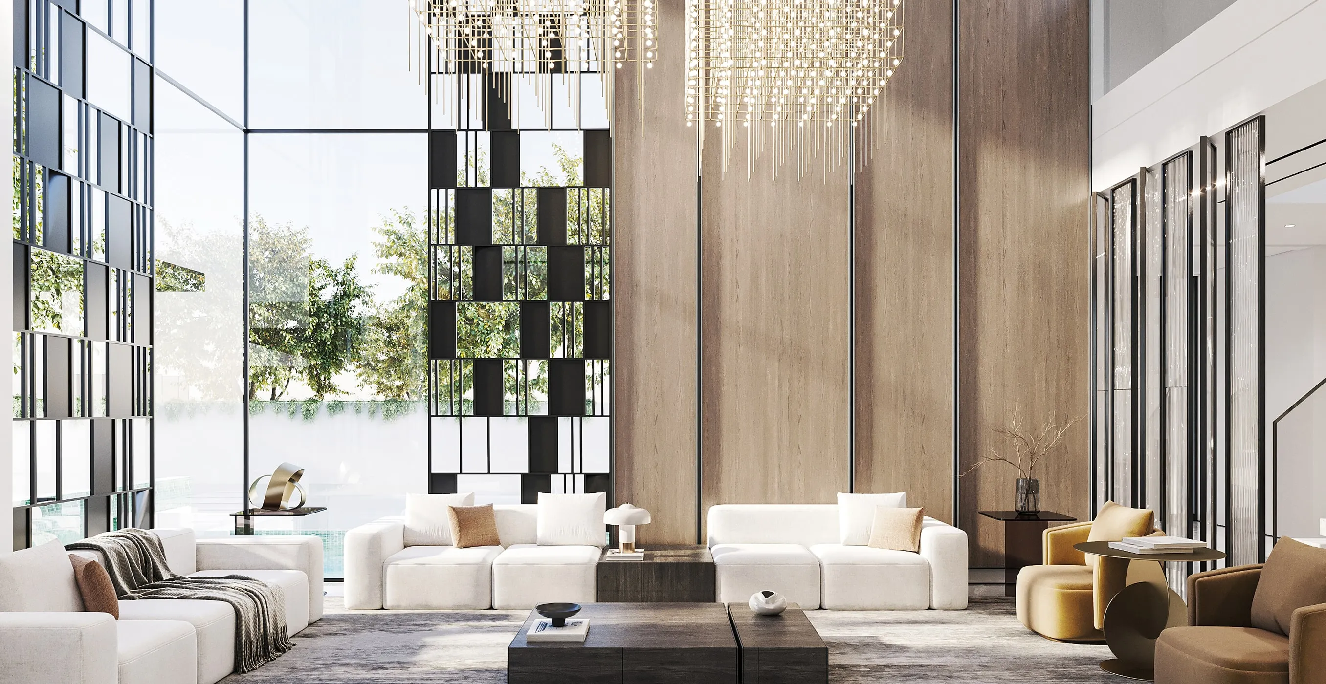 Luxury villa living room interior fit-out featuring modular sofas and expansive windows in Kampala.