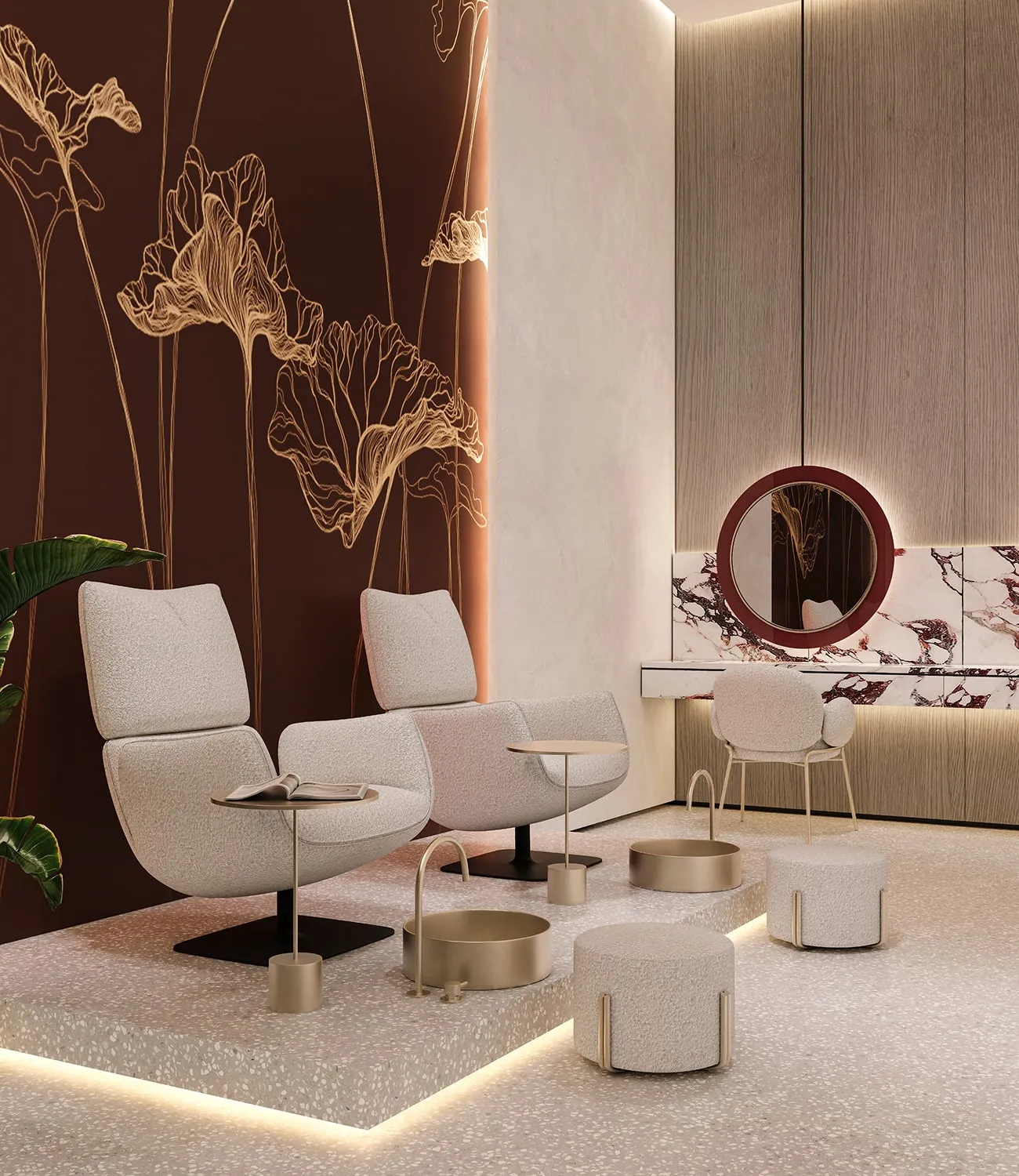 Luxury lounge interior design with curved armchairs and gold accents in Riyadh.