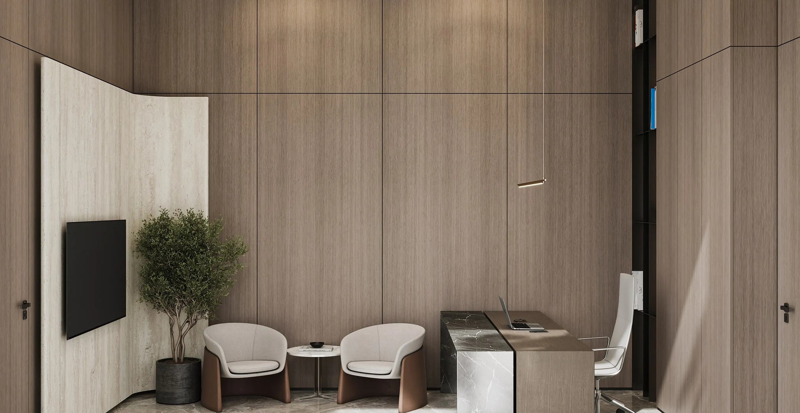 Modern office interior design with custom furnishings in a private villa in Riyadh.