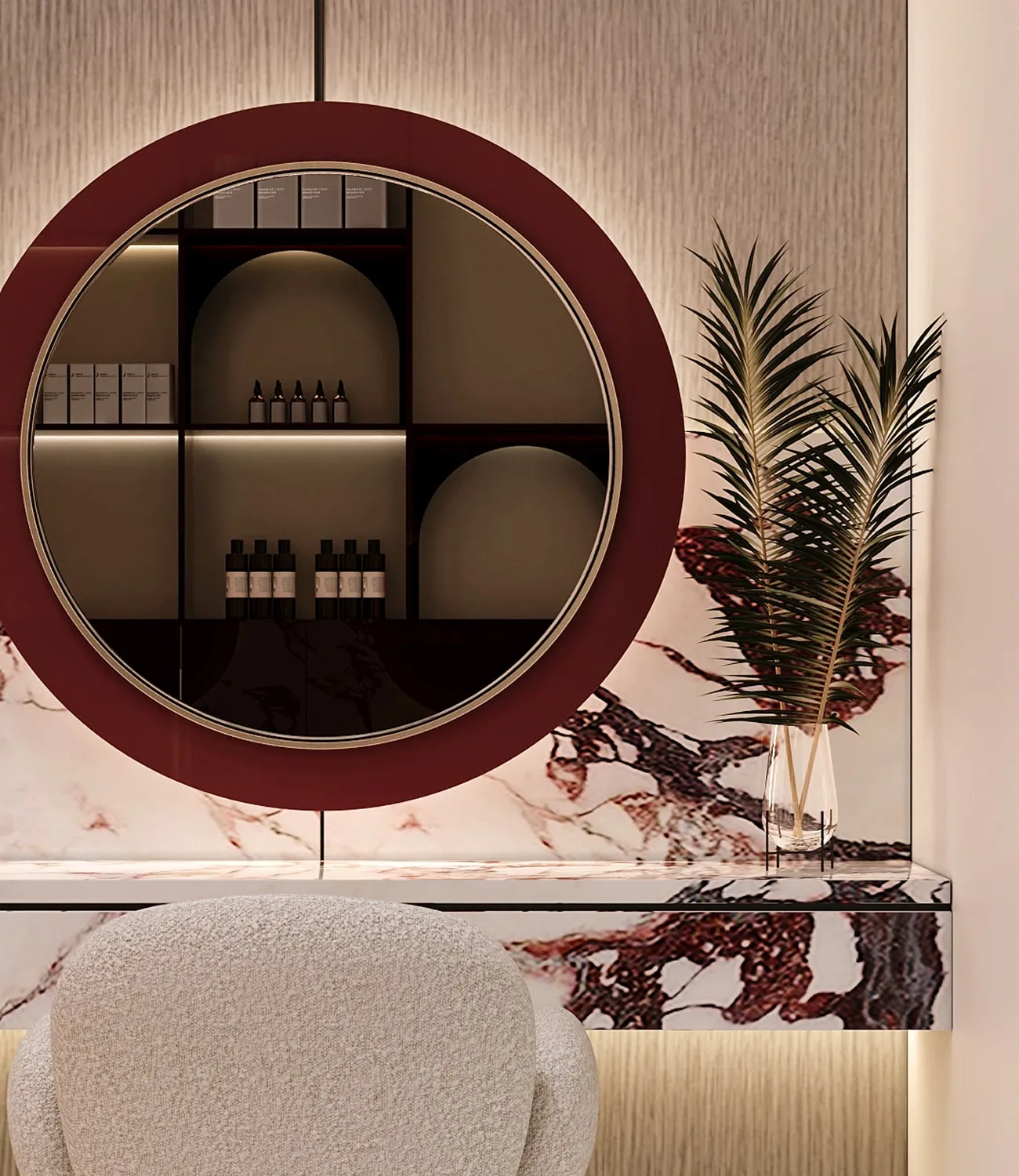 Contemporary interior design with red-framed mirror and marble backdrop in a luxury villa.