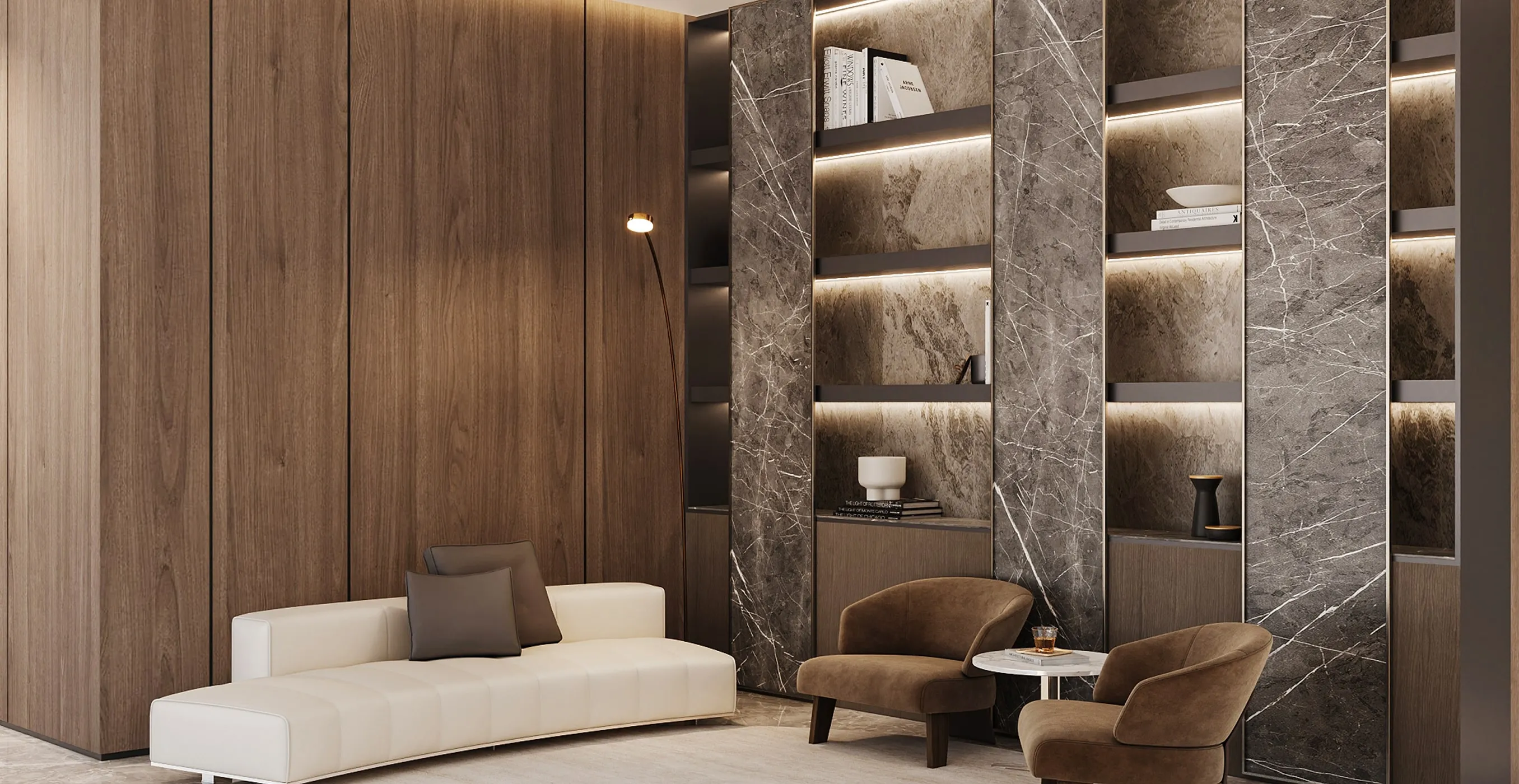 Modern living room interior design with custom-designed seating and rich wood paneling in Riyadh.