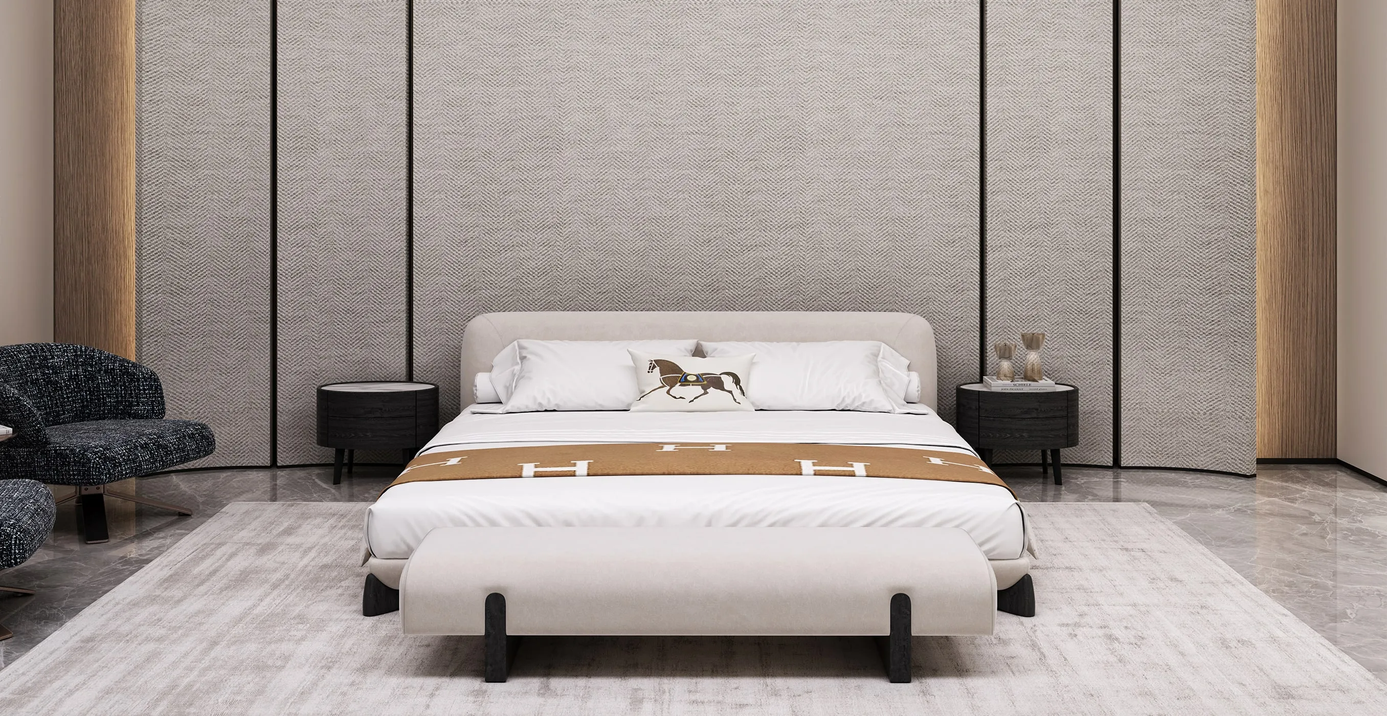 Luxury bedroom interior design featuring Hermes-inspired bedding and paneled walls in Riyadh.