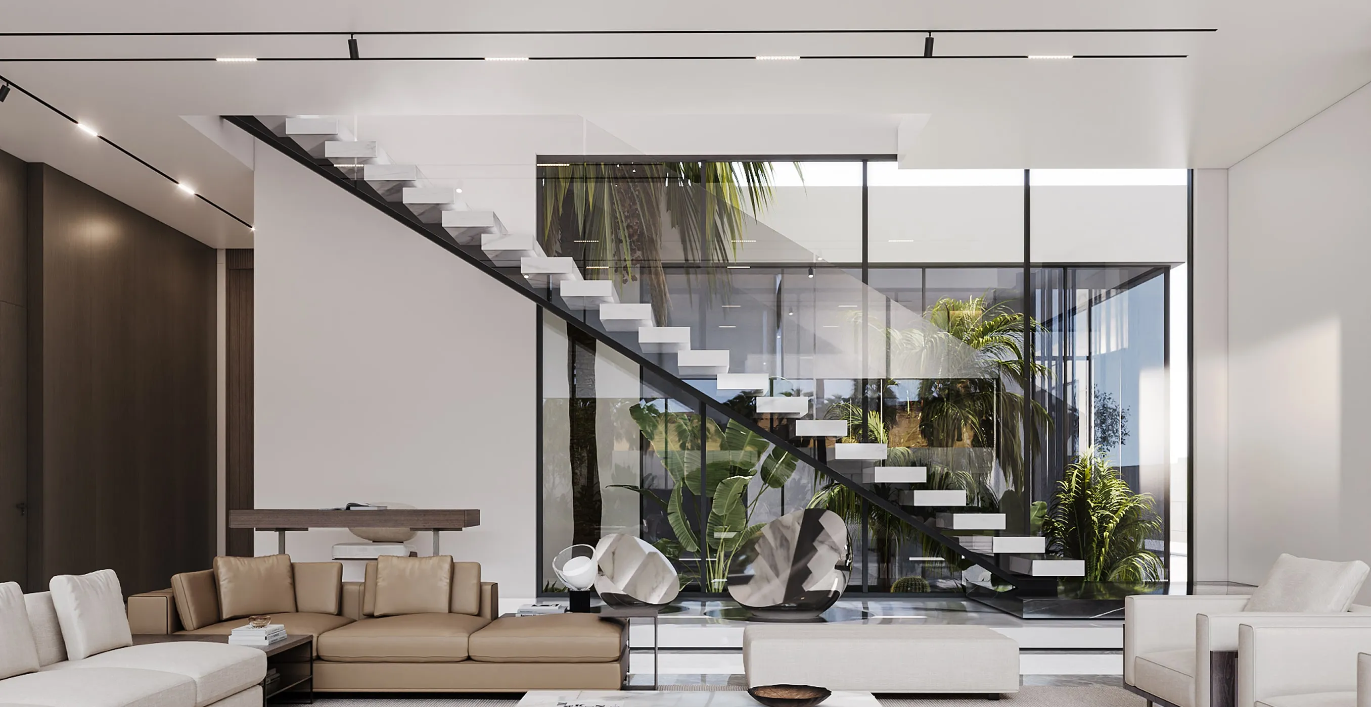 Modern luxury living room interior design with floating staircase and floor-to-ceiling windows.