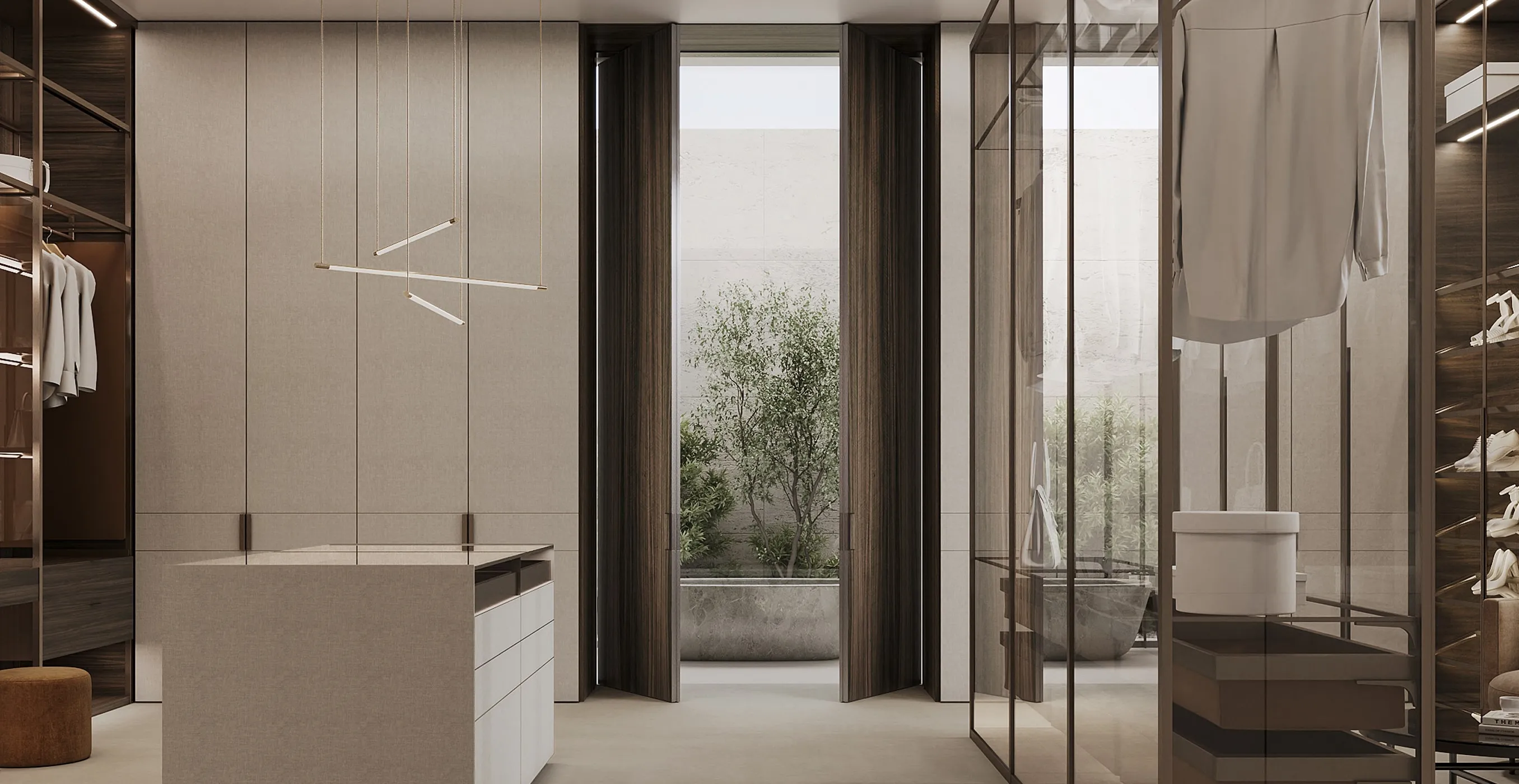 Bespoke joinery and interior design in a private villa in Riyadh with custom-designed walk-in closets.