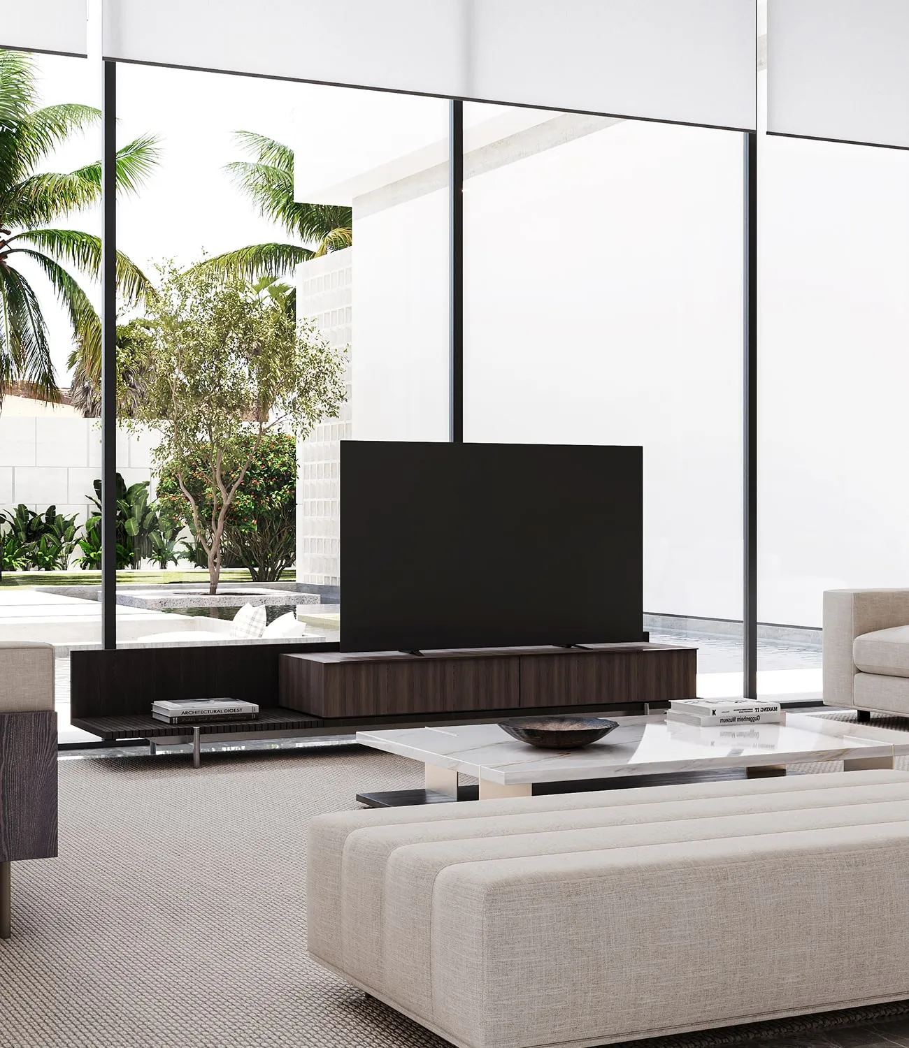 Modern living room interior design with dark wood media console and outdoor view.