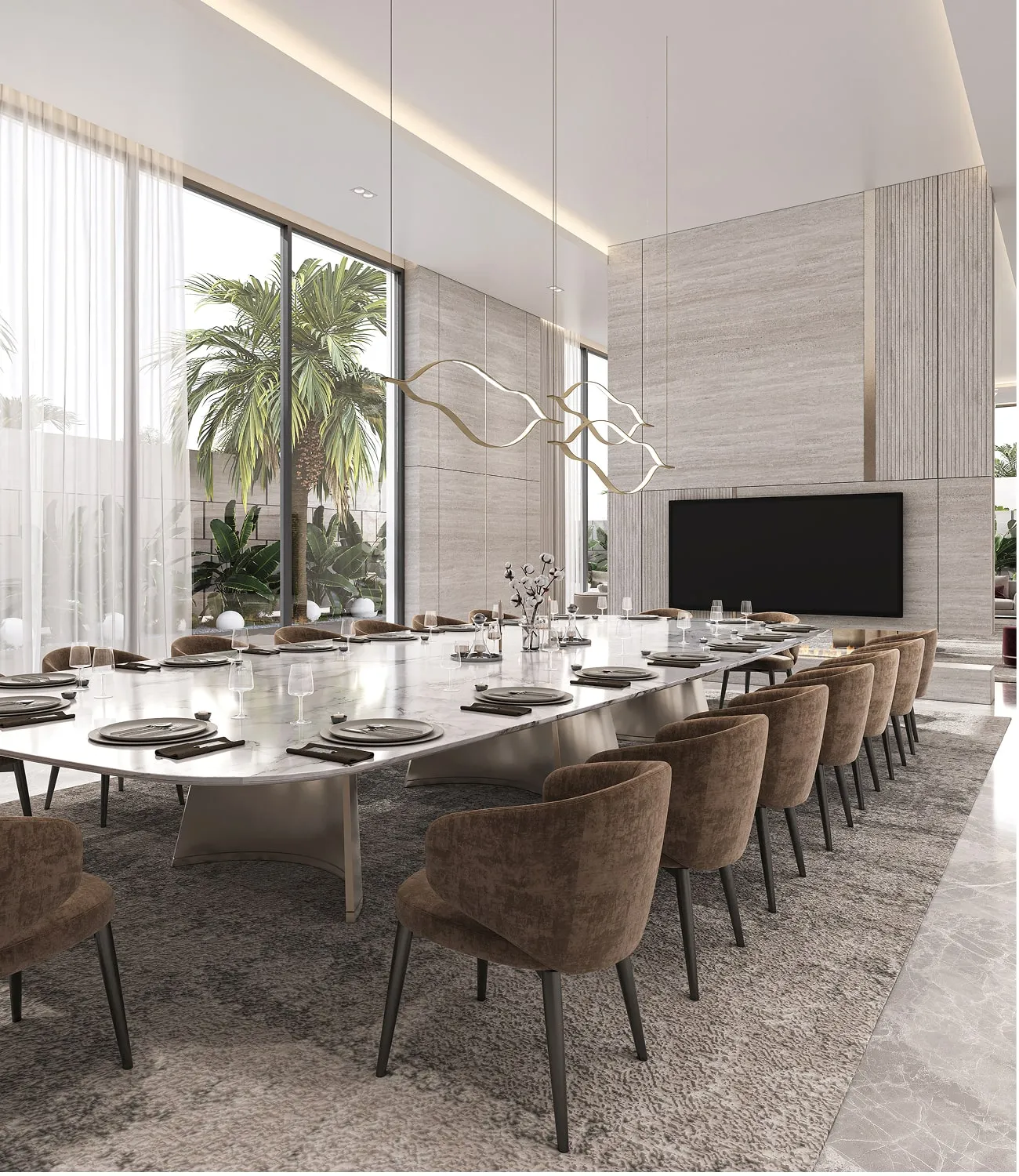Modern dining room interior design with white marble table and minimalist decor.