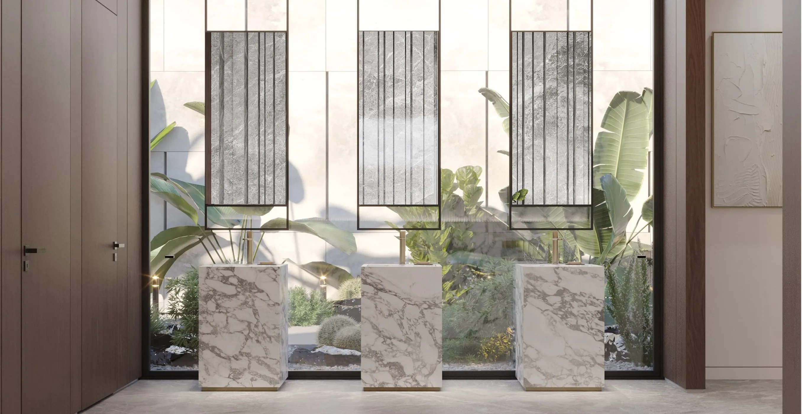 Minimalist interior design connecting indoors with vibrant outdoor plants in Riyadh.